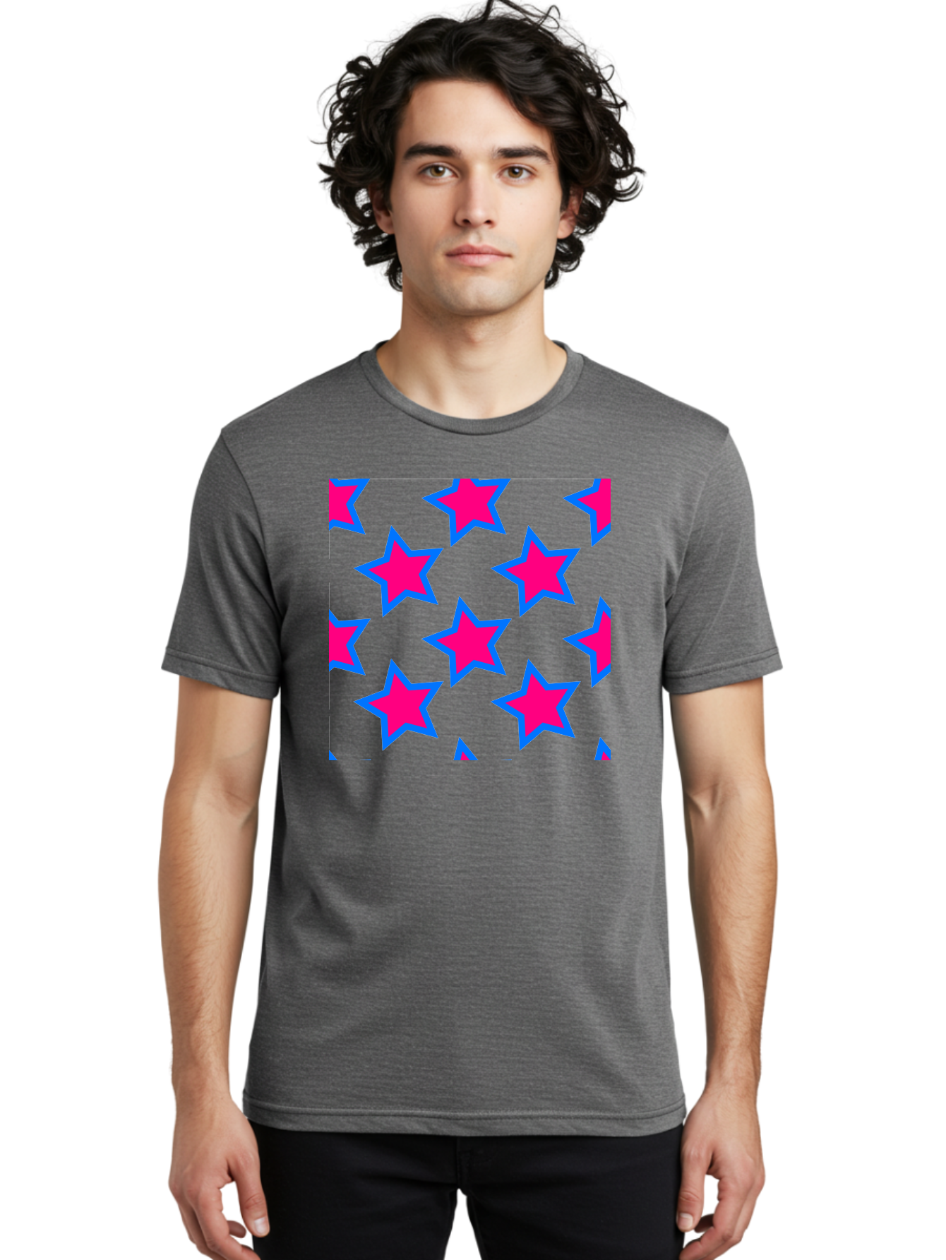 Pink-Stars-Pattern Men'S Graphic Tee, 100% Cotton, Comfortable Casual Summer Wear, Machine Washable, Pink Stars, Blue Outline, Yellow Background, Repeating Pattern, Festive Design, Bright Colors, Fun Graphics, Star Pattern, Aac413
