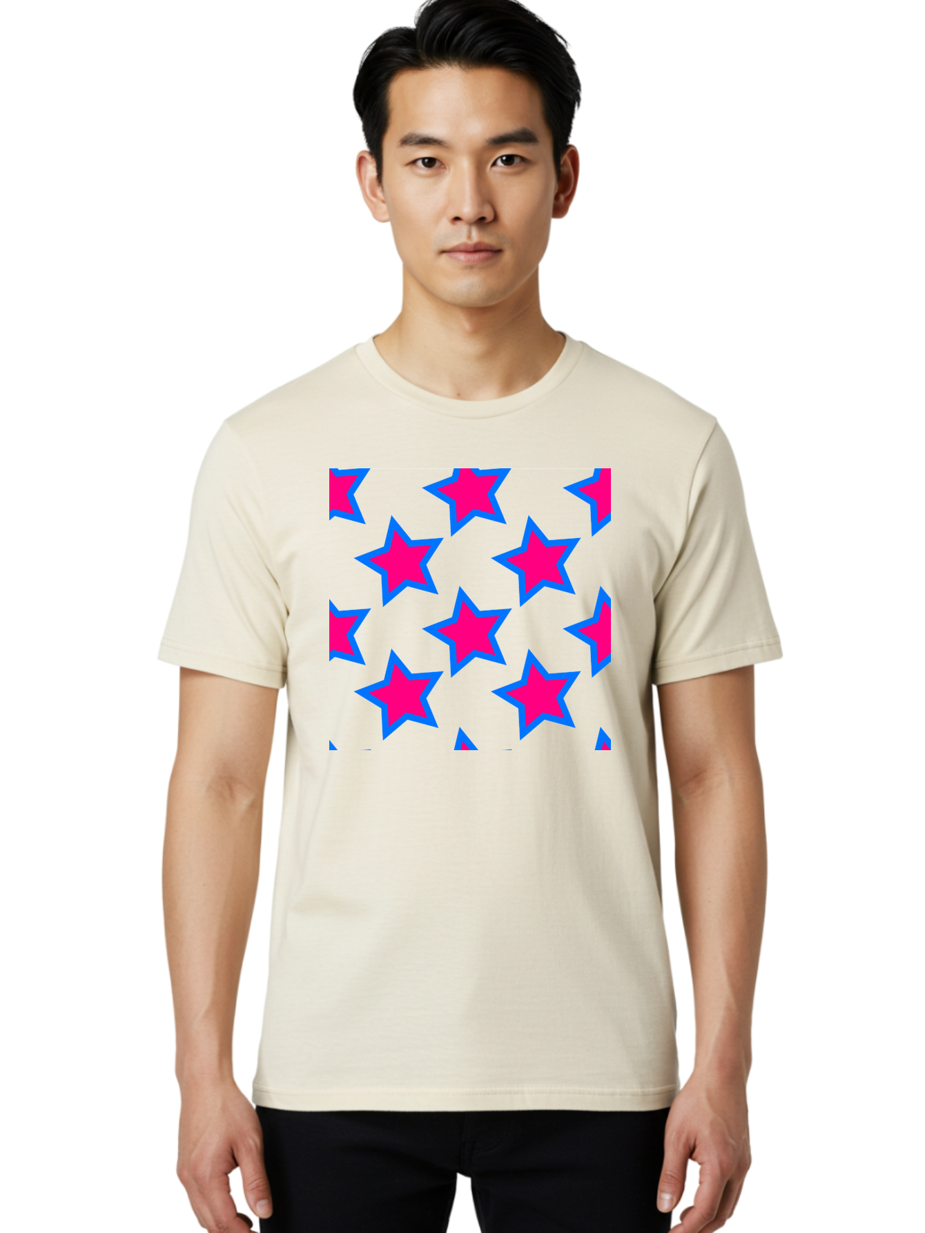 Pink-Stars-Pattern Men'S Graphic Tee, 100% Cotton, Comfortable Casual Summer Wear, Machine Washable, Pink Stars, Blue Outline, Yellow Background, Repeating Pattern, Festive Design, Bright Colors, Fun Graphics, Star Pattern, Aac413