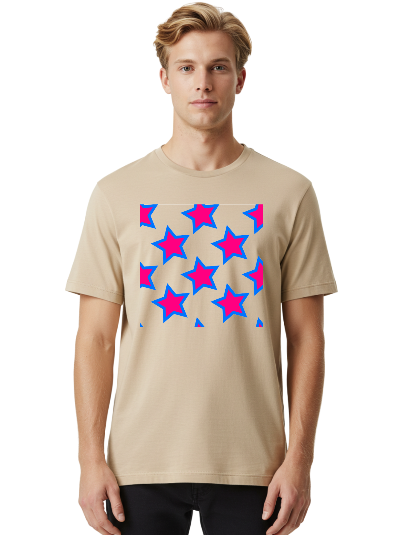 Pink-Stars-Pattern Men'S Graphic Tee, 100% Cotton, Comfortable Casual Summer Wear, Machine Washable, Pink Stars, Blue Outline, Yellow Background, Repeating Pattern, Festive Design, Bright Colors, Fun Graphics, Star Pattern, Aac413