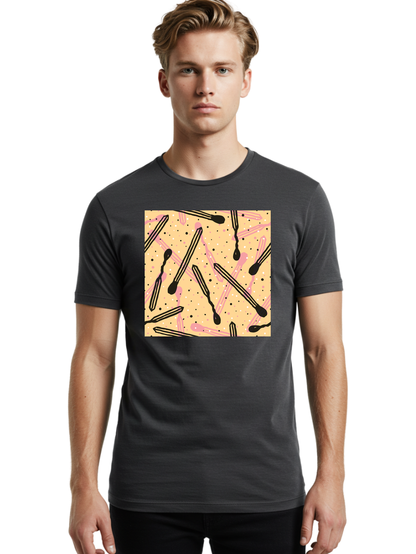 Pipettes Men'S Graphic Tee, 100% Cotton, Comfortable Casual Summer Wear, Machine Washable, Lip Gloss, Makeup, Beauty Products, Cosmetic Design, Abstract Pattern, Trendy Colors, Pink And Black Accents, Yellow Background, Fashion Texture, Aac414