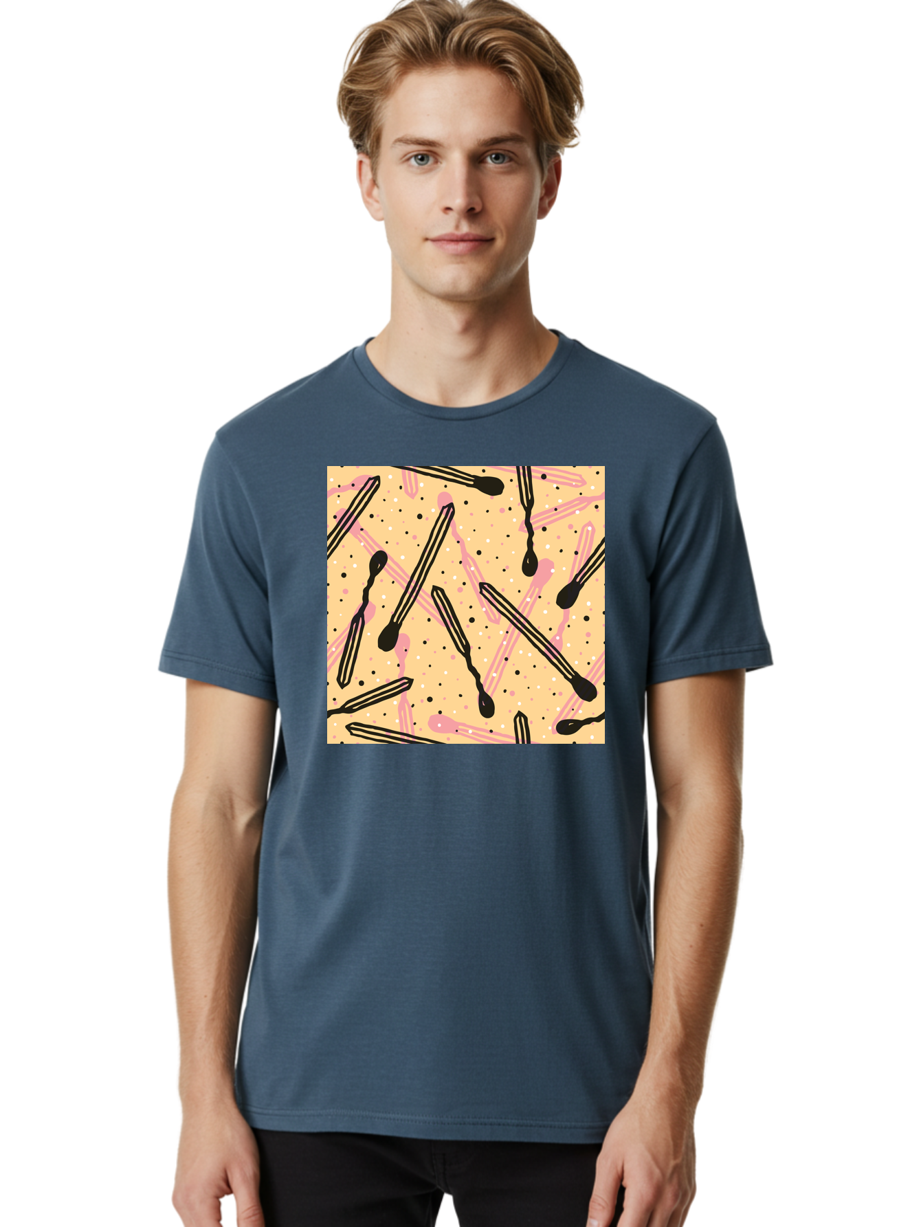 Pipettes Men'S Graphic Tee, 100% Cotton, Comfortable Casual Summer Wear, Machine Washable, Lip Gloss, Makeup, Beauty Products, Cosmetic Design, Abstract Pattern, Trendy Colors, Pink And Black Accents, Yellow Background, Fashion Texture, Aac414