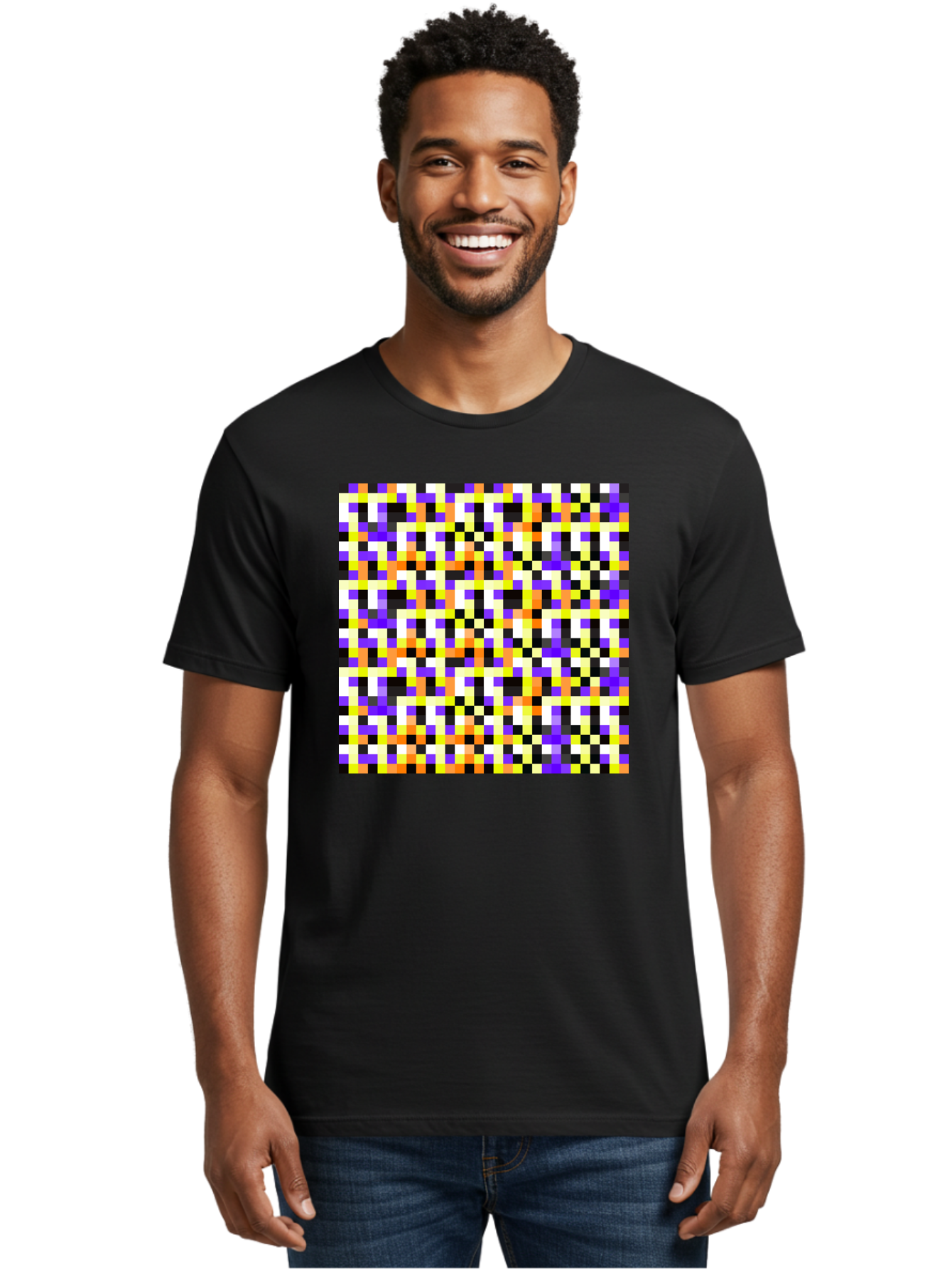 Pixel-Art-Pattern Men'S Graphic Tee, 100% Cotton, Comfortable Casual Summer Wear, Machine Washable, Vibrant Pixel Art, Colorful Pattern, Digital Design, Abstract Art, Bright Colors, Yellow, Orange, Purple, Black, White, Geometric Shapes, Aac415