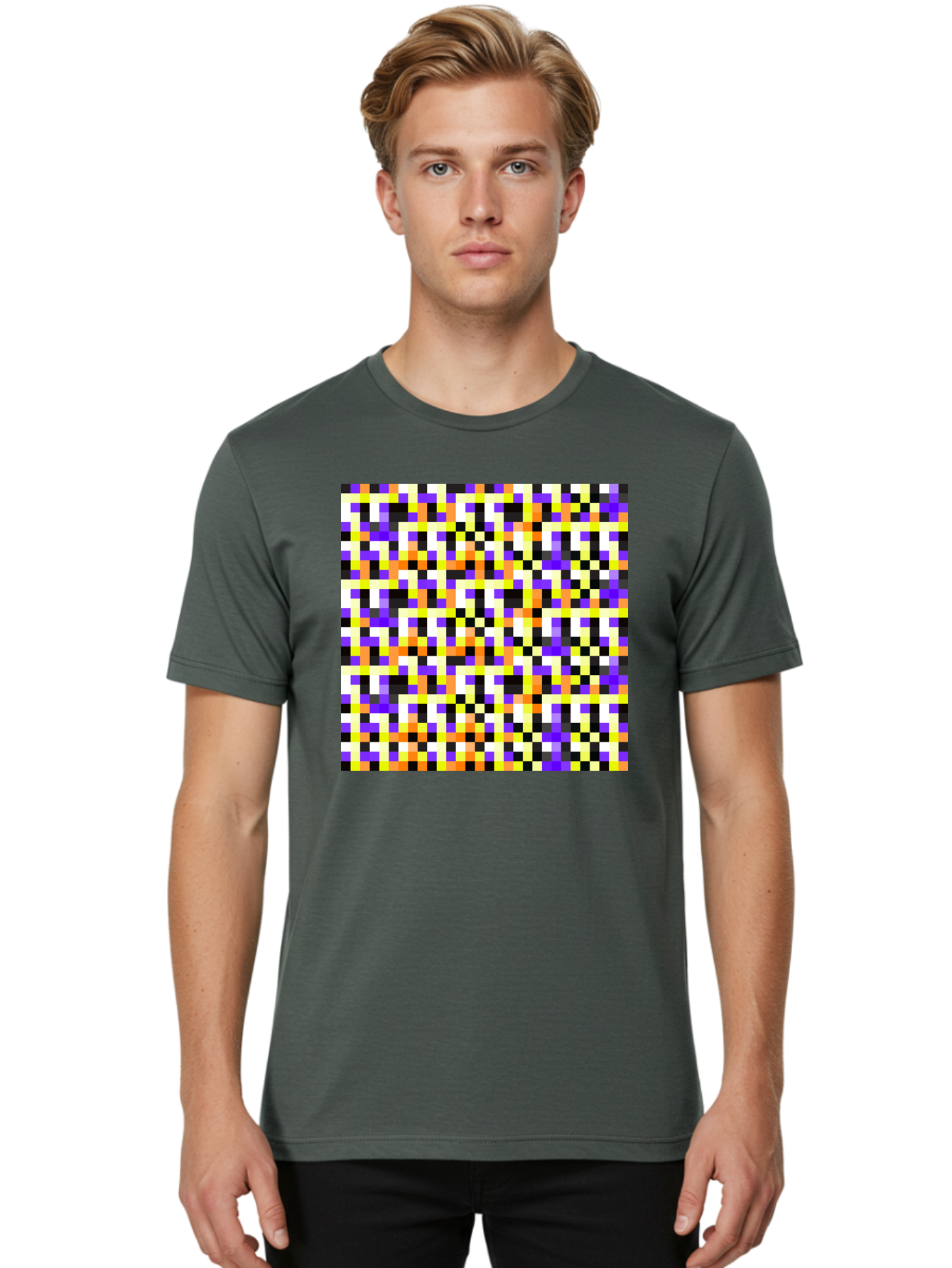 Pixel-Art-Pattern Men'S Graphic Tee, 100% Cotton, Comfortable Casual Summer Wear, Machine Washable, Vibrant Pixel Art, Colorful Pattern, Digital Design, Abstract Art, Bright Colors, Yellow, Orange, Purple, Black, White, Geometric Shapes, Aac415