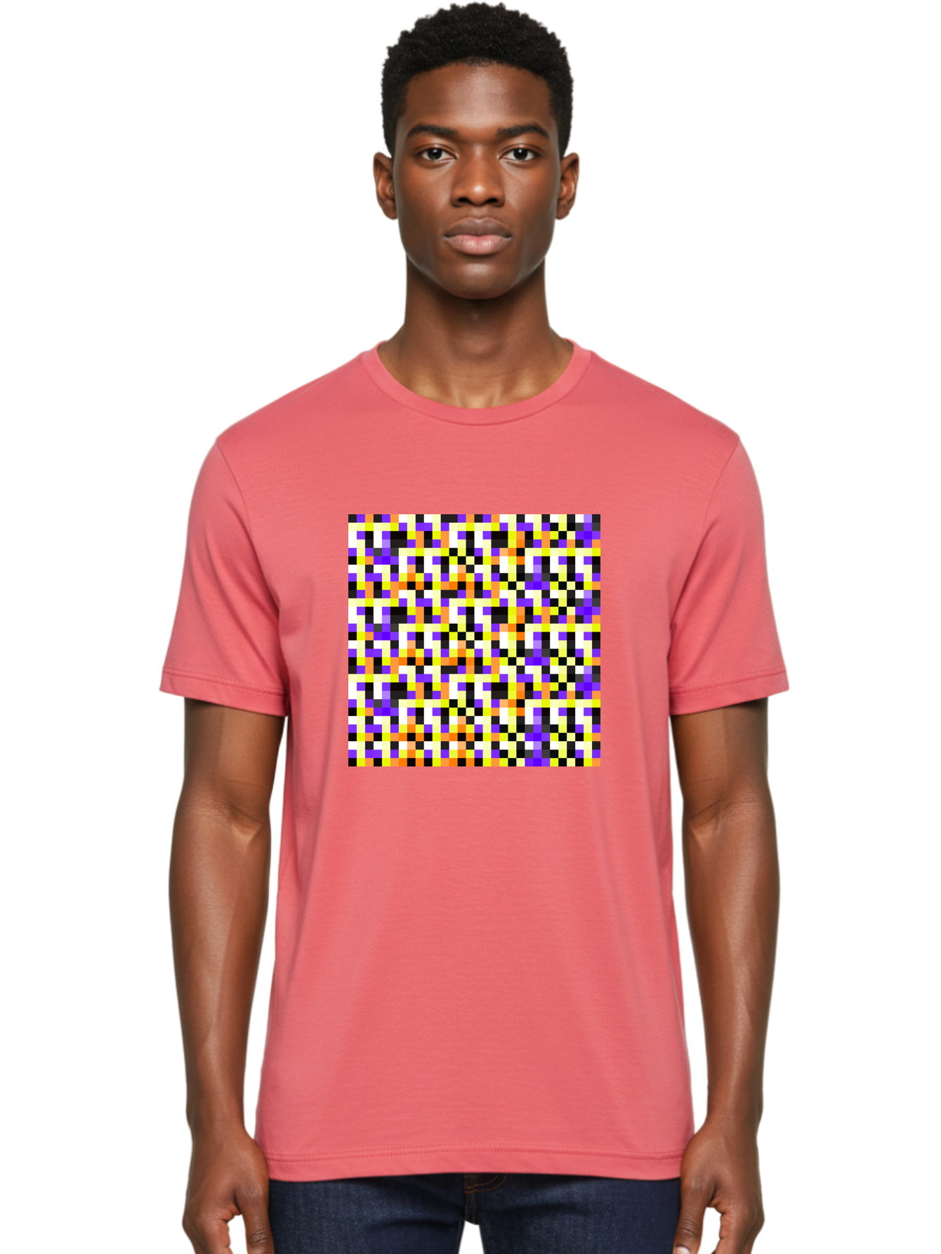 Pixel-Art-Pattern Men'S Graphic Tee, 100% Cotton, Comfortable Casual Summer Wear, Machine Washable, Vibrant Pixel Art, Colorful Pattern, Digital Design, Abstract Art, Bright Colors, Yellow, Orange, Purple, Black, White, Geometric Shapes, Aac415