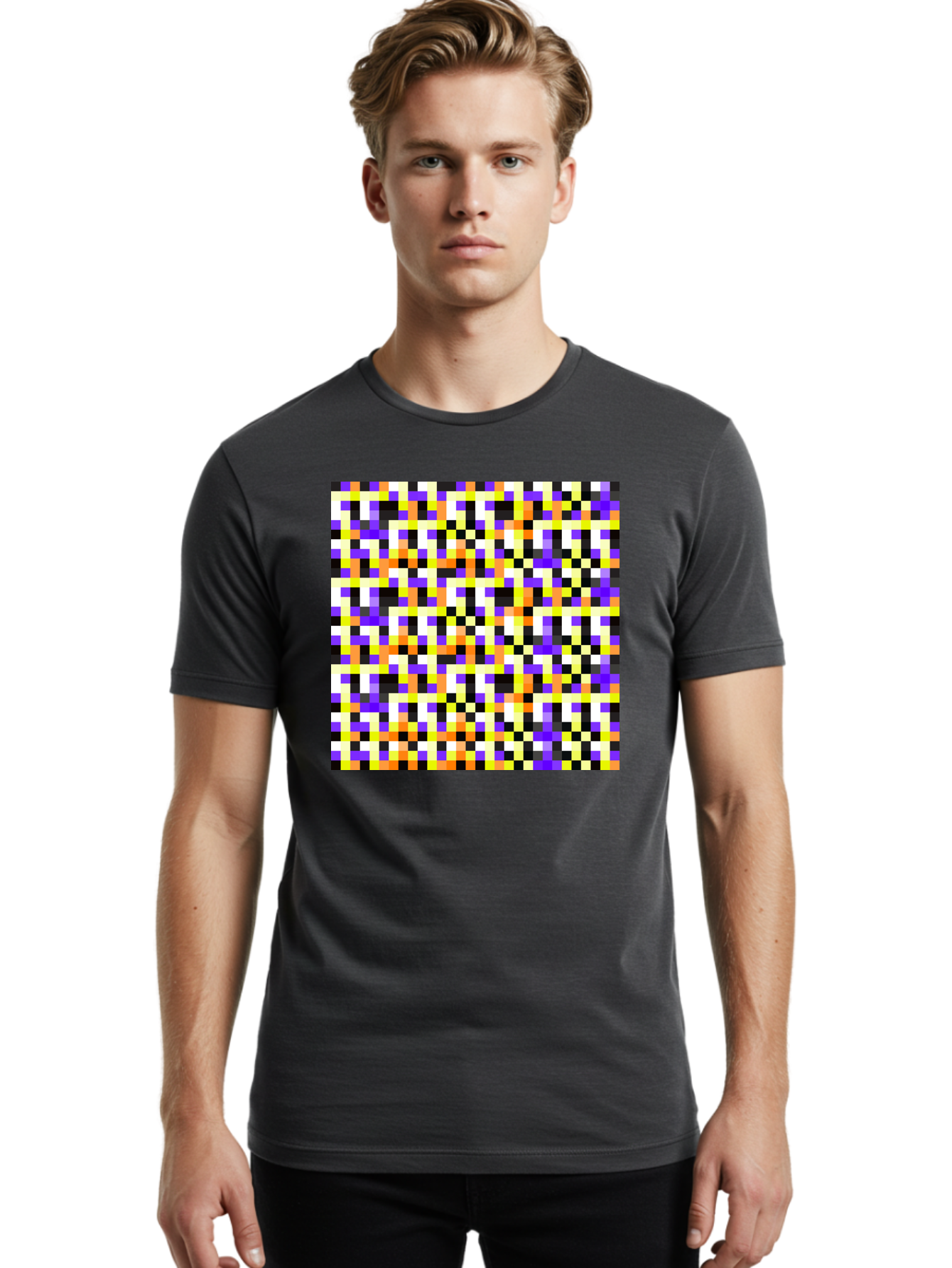 Pixel-Art-Pattern Men'S Graphic Tee, 100% Cotton, Comfortable Casual Summer Wear, Machine Washable, Vibrant Pixel Art, Colorful Pattern, Digital Design, Abstract Art, Bright Colors, Yellow, Orange, Purple, Black, White, Geometric Shapes, Aac415