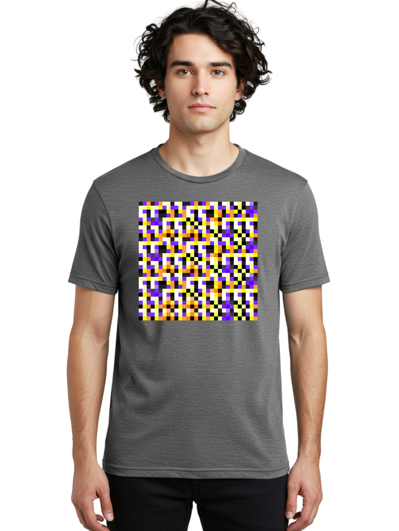 Pixel-Art-Pattern Men'S Graphic Tee, 100% Cotton, Comfortable Casual Summer Wear, Machine Washable, Vibrant Pixel Art, Colorful Pattern, Digital Design, Abstract Art, Bright Colors, Yellow, Orange, Purple, Black, White, Geometric Shapes, Aac415