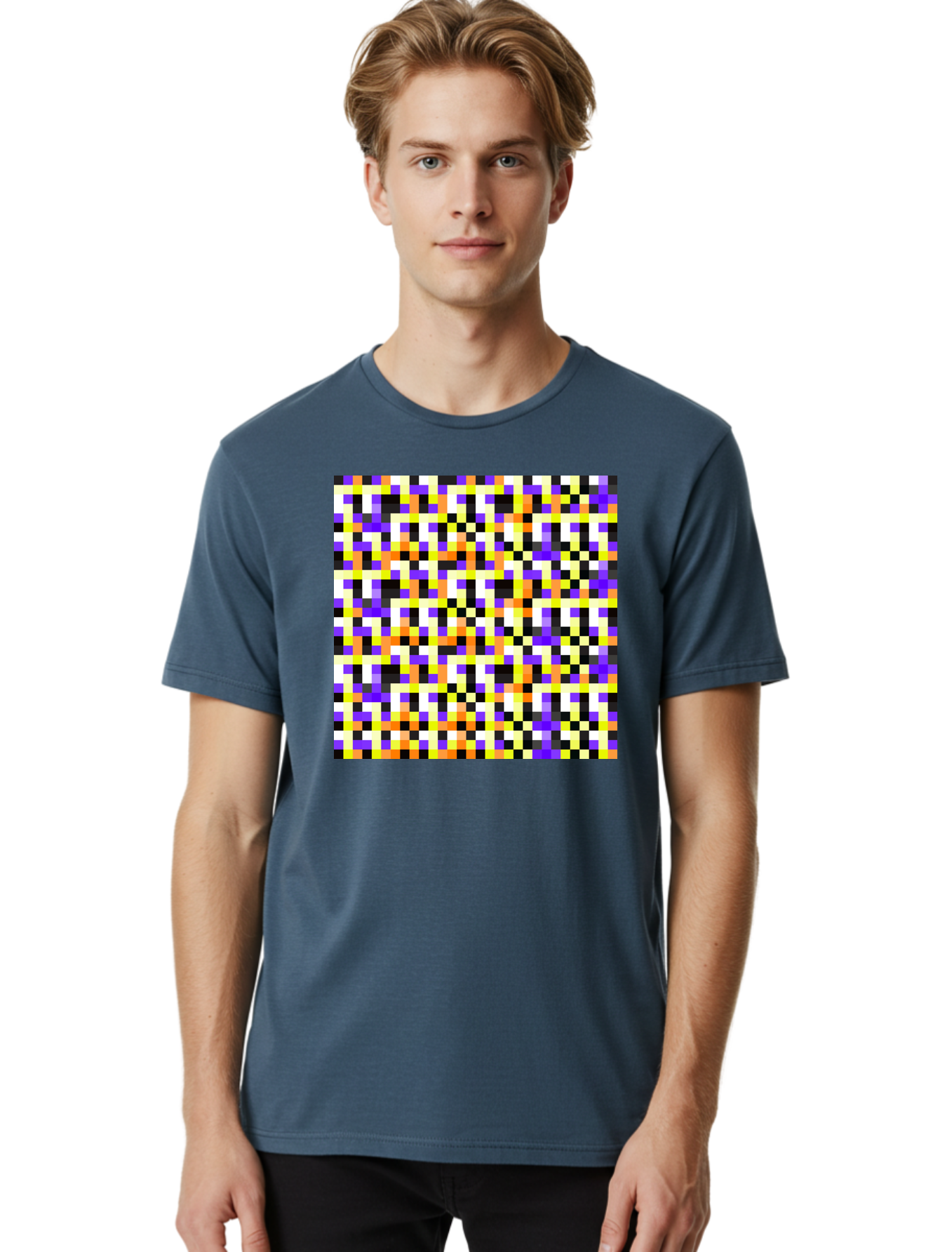 Pixel-Art-Pattern Men'S Graphic Tee, 100% Cotton, Comfortable Casual Summer Wear, Machine Washable, Vibrant Pixel Art, Colorful Pattern, Digital Design, Abstract Art, Bright Colors, Yellow, Orange, Purple, Black, White, Geometric Shapes, Aac415