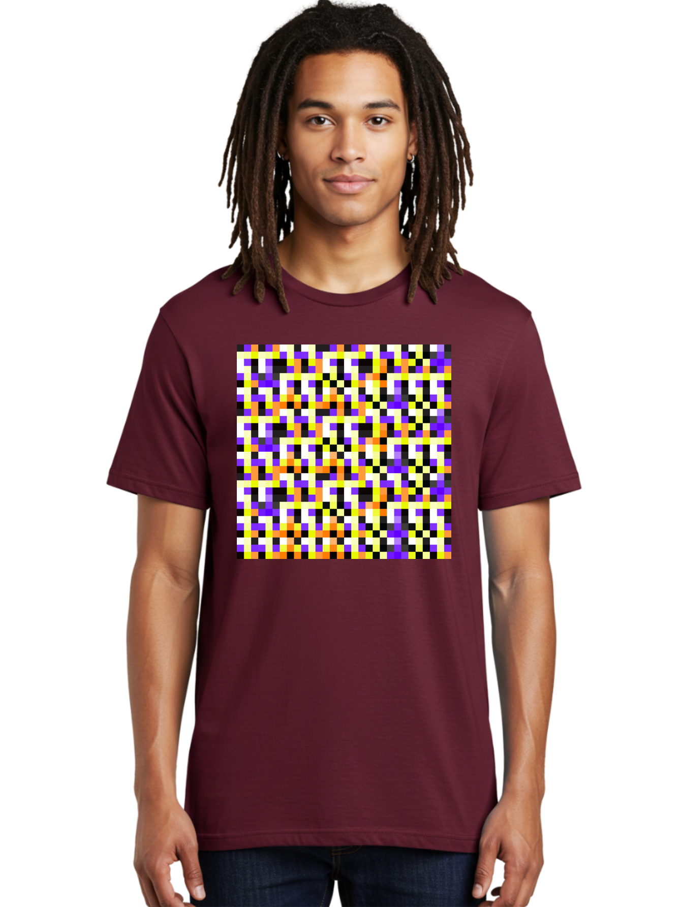 Pixel-Art-Pattern Men'S Graphic Tee, 100% Cotton, Comfortable Casual Summer Wear, Machine Washable, Vibrant Pixel Art, Colorful Pattern, Digital Design, Abstract Art, Bright Colors, Yellow, Orange, Purple, Black, White, Geometric Shapes, Aac415