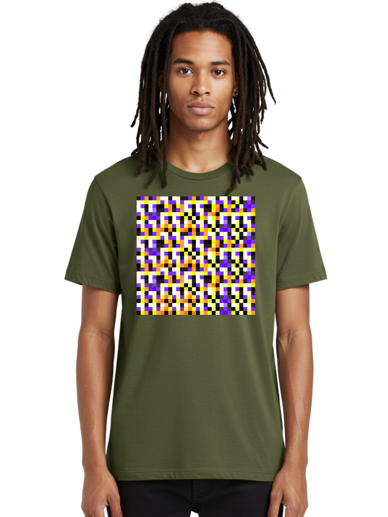 Pixel-Art-Pattern Men'S Graphic Tee, 100% Cotton, Comfortable Casual Summer Wear, Machine Washable, Vibrant Pixel Art, Colorful Pattern, Digital Design, Abstract Art, Bright Colors, Yellow, Orange, Purple, Black, White, Geometric Shapes, Aac415