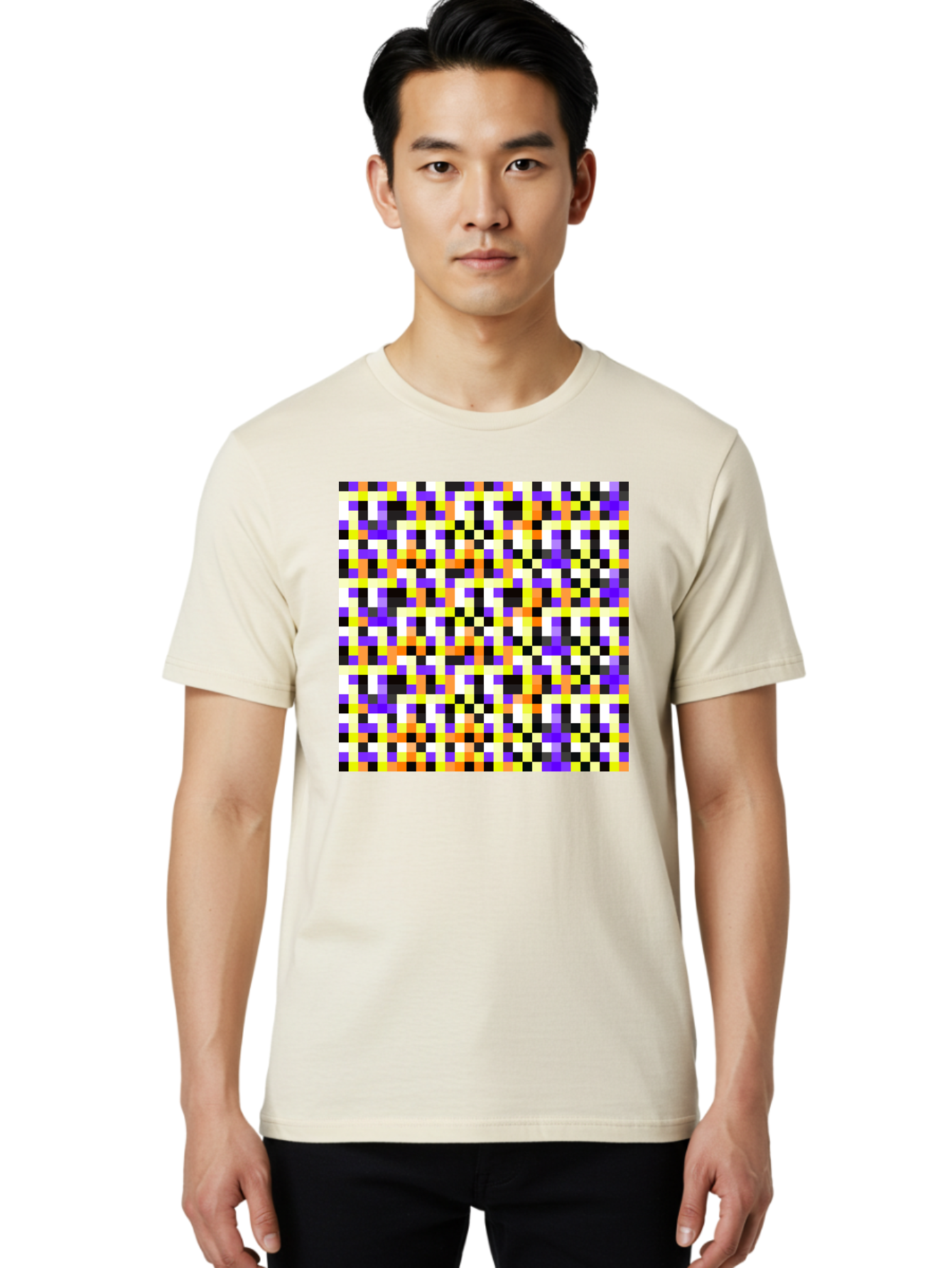 Pixel-Art-Pattern Men'S Graphic Tee, 100% Cotton, Comfortable Casual Summer Wear, Machine Washable, Vibrant Pixel Art, Colorful Pattern, Digital Design, Abstract Art, Bright Colors, Yellow, Orange, Purple, Black, White, Geometric Shapes, Aac415