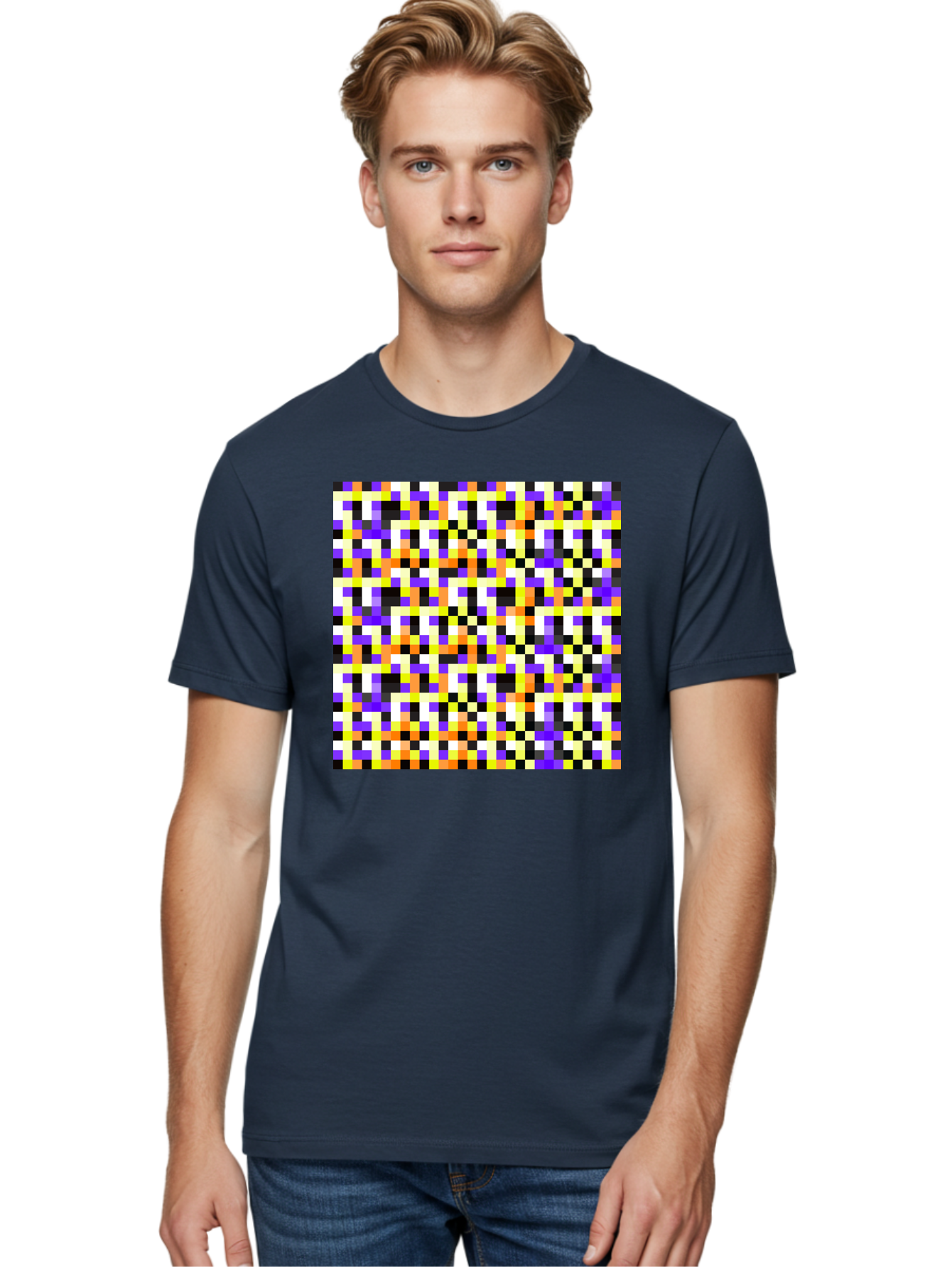 Pixel-Art-Pattern Men'S Graphic Tee, 100% Cotton, Comfortable Casual Summer Wear, Machine Washable, Vibrant Pixel Art, Colorful Pattern, Digital Design, Abstract Art, Bright Colors, Yellow, Orange, Purple, Black, White, Geometric Shapes, Aac415