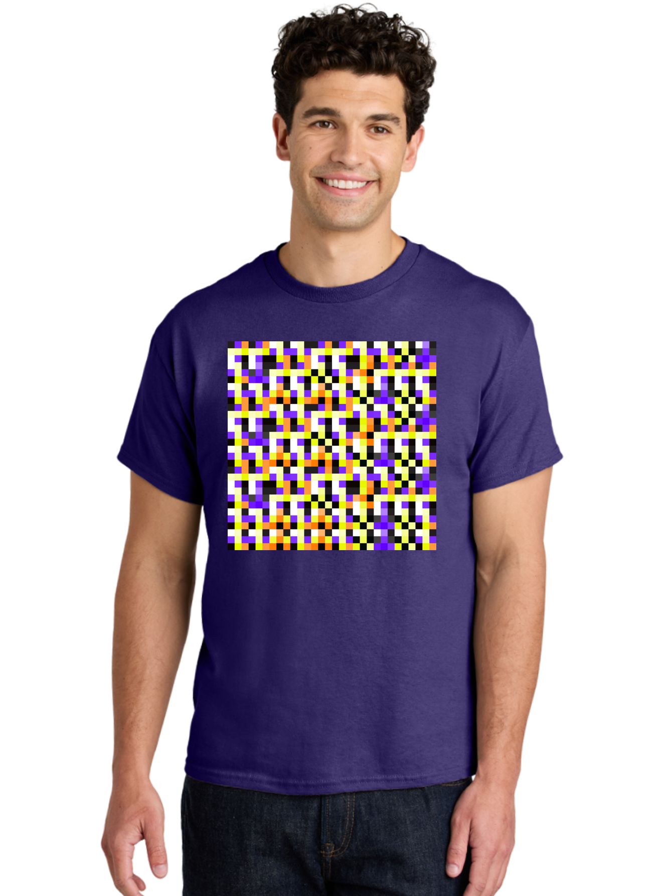 Pixel-Art-Pattern Men'S Graphic Tee, 100% Cotton, Comfortable Casual Summer Wear, Machine Washable, Vibrant Pixel Art, Colorful Pattern, Digital Design, Abstract Art, Bright Colors, Yellow, Orange, Purple, Black, White, Geometric Shapes, Aac415
