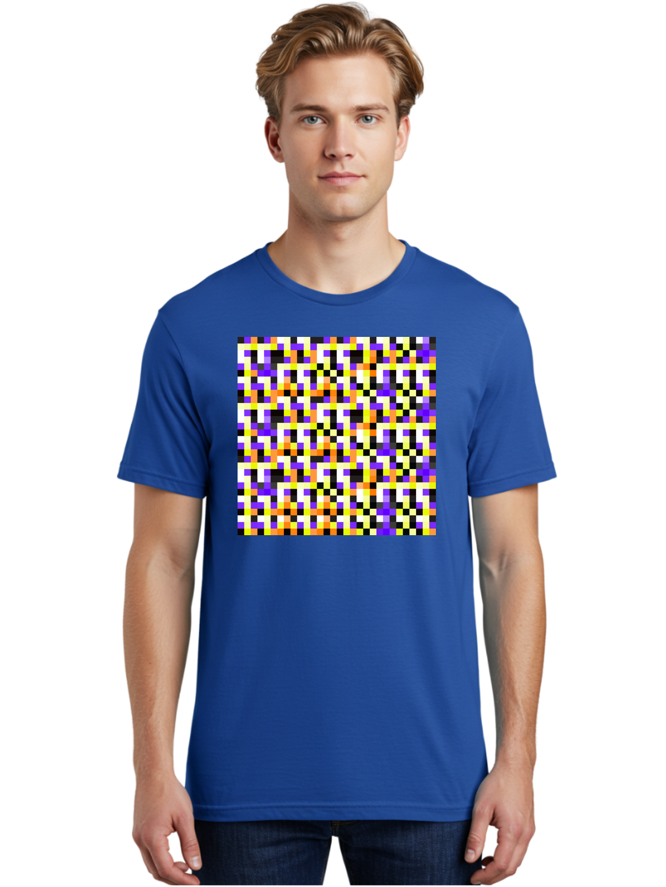 Pixel-Art-Pattern Men'S Graphic Tee, 100% Cotton, Comfortable Casual Summer Wear, Machine Washable, Vibrant Pixel Art, Colorful Pattern, Digital Design, Abstract Art, Bright Colors, Yellow, Orange, Purple, Black, White, Geometric Shapes, Aac415