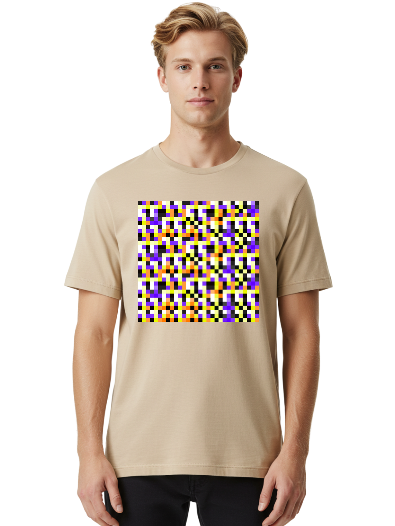 Pixel-Art-Pattern Men'S Graphic Tee, 100% Cotton, Comfortable Casual Summer Wear, Machine Washable, Vibrant Pixel Art, Colorful Pattern, Digital Design, Abstract Art, Bright Colors, Yellow, Orange, Purple, Black, White, Geometric Shapes, Aac415