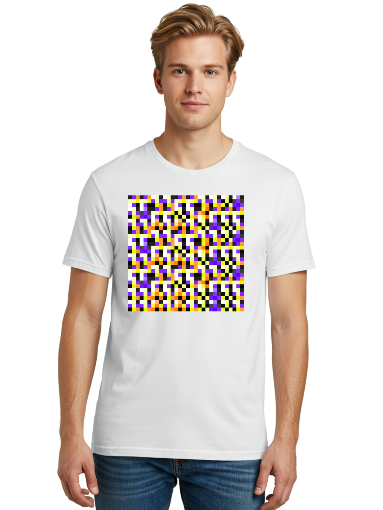 Pixel-Art-Pattern Men'S Graphic Tee, 100% Cotton, Comfortable Casual Summer Wear, Machine Washable, Vibrant Pixel Art, Colorful Pattern, Digital Design, Abstract Art, Bright Colors, Yellow, Orange, Purple, Black, White, Geometric Shapes, Aac415