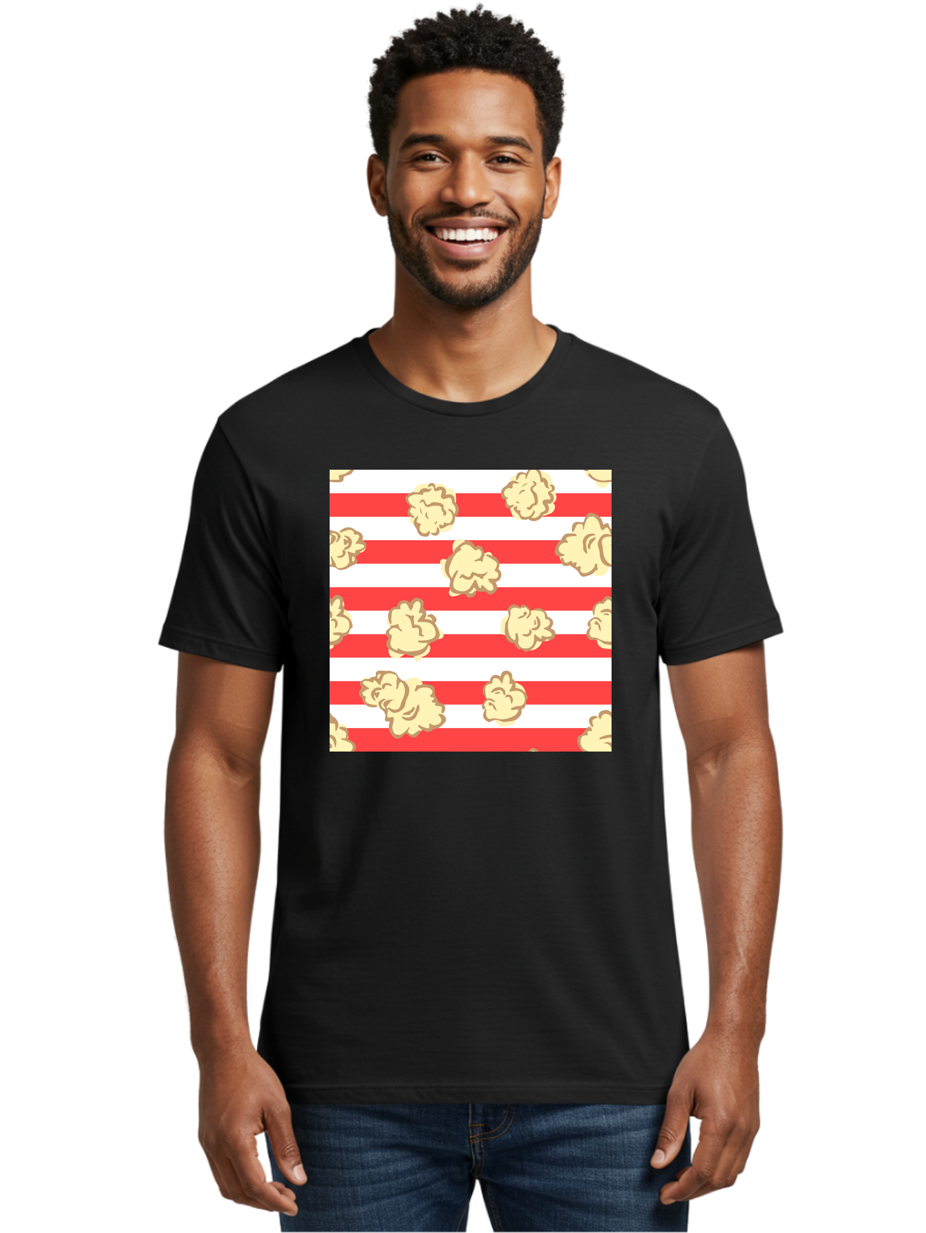 Popcorn-Stripes Men'S Graphic Tee, 100% Cotton, Comfortable Casual Summer Wear, Machine Washable, Popcorn, Red And White Stripes, Movie Snack, Cinematic Treats, Yellow Popcorn, Striped Background, Popcorn Illustration, Snack Time, Film Night, Aac416