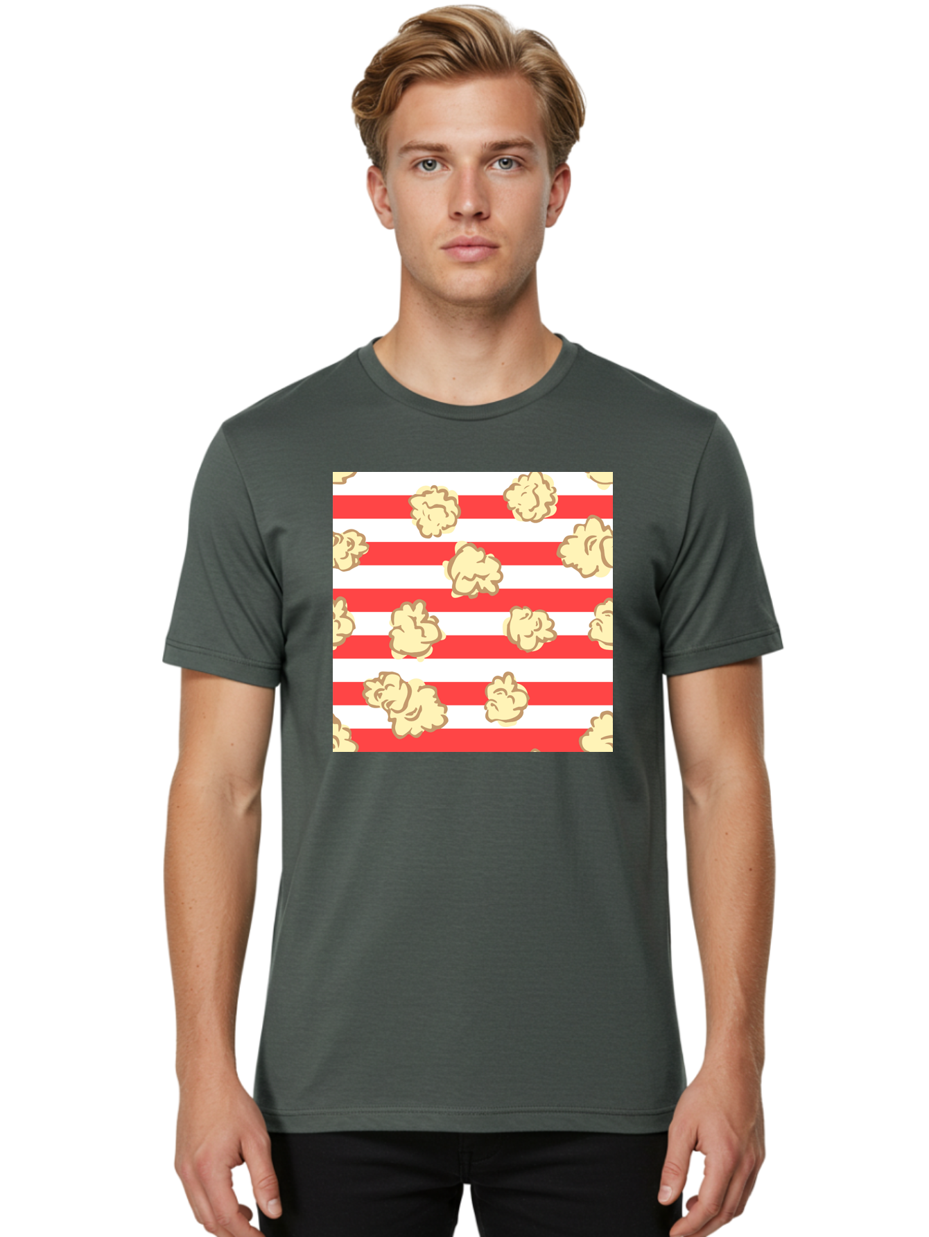 Popcorn-Stripes Men'S Graphic Tee, 100% Cotton, Comfortable Casual Summer Wear, Machine Washable, Popcorn, Red And White Stripes, Movie Snack, Cinematic Treats, Yellow Popcorn, Striped Background, Popcorn Illustration, Snack Time, Film Night, Aac416