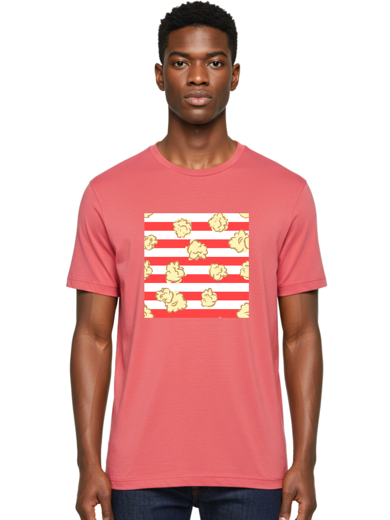 Popcorn-Stripes Men'S Graphic Tee, 100% Cotton, Comfortable Casual Summer Wear, Machine Washable, Popcorn, Red And White Stripes, Movie Snack, Cinematic Treats, Yellow Popcorn, Striped Background, Popcorn Illustration, Snack Time, Film Night, Aac416