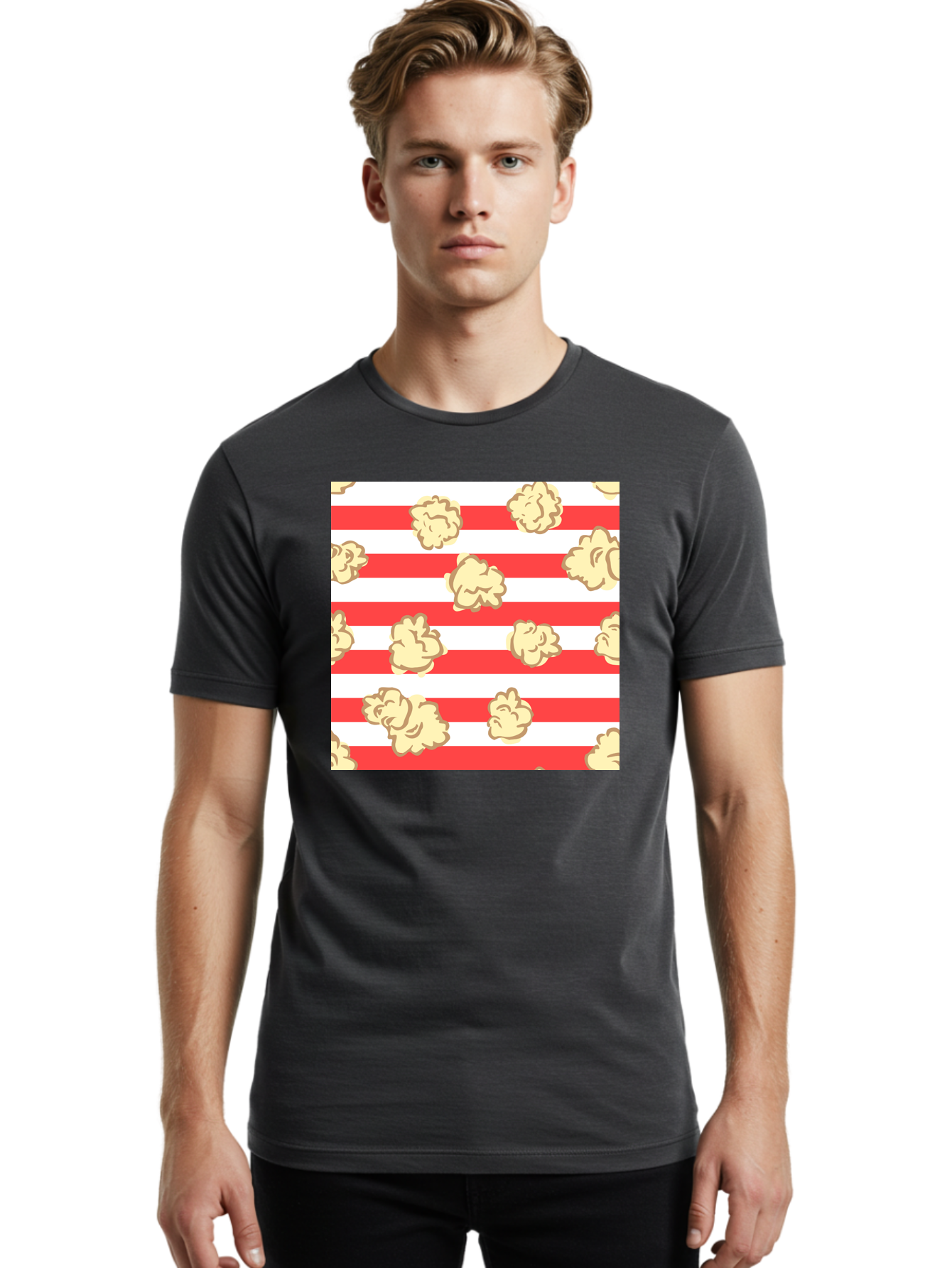 Popcorn-Stripes Men'S Graphic Tee, 100% Cotton, Comfortable Casual Summer Wear, Machine Washable, Popcorn, Red And White Stripes, Movie Snack, Cinematic Treats, Yellow Popcorn, Striped Background, Popcorn Illustration, Snack Time, Film Night, Aac416