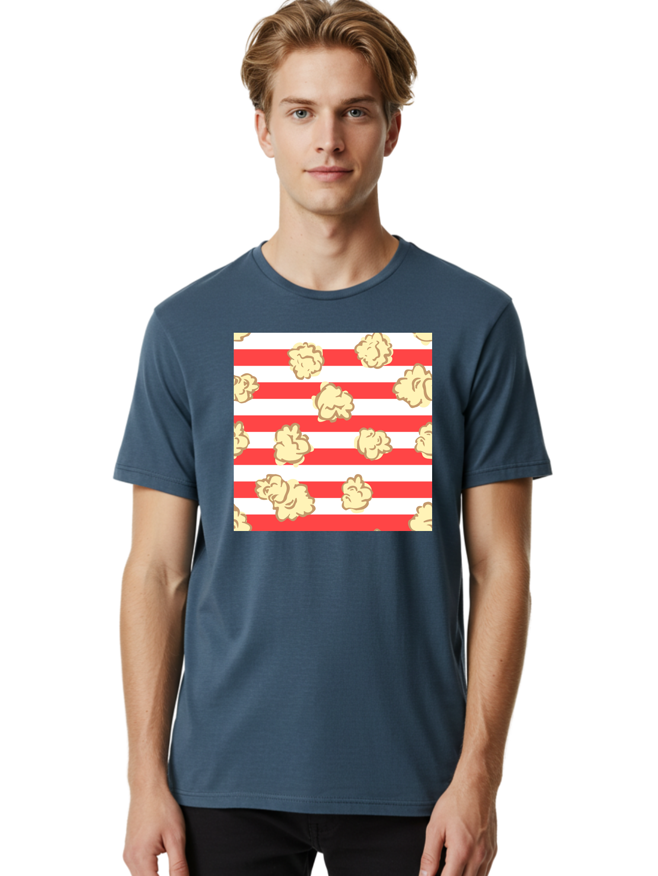 Popcorn-Stripes Men'S Graphic Tee, 100% Cotton, Comfortable Casual Summer Wear, Machine Washable, Popcorn, Red And White Stripes, Movie Snack, Cinematic Treats, Yellow Popcorn, Striped Background, Popcorn Illustration, Snack Time, Film Night, Aac416