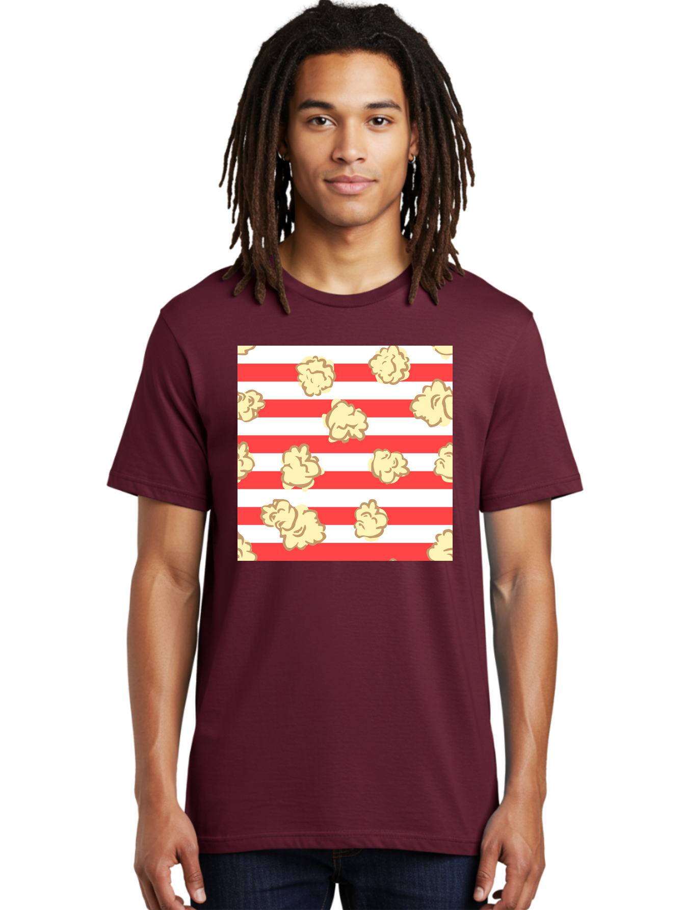 Popcorn-Stripes Men'S Graphic Tee, 100% Cotton, Comfortable Casual Summer Wear, Machine Washable, Popcorn, Red And White Stripes, Movie Snack, Cinematic Treats, Yellow Popcorn, Striped Background, Popcorn Illustration, Snack Time, Film Night, Aac416