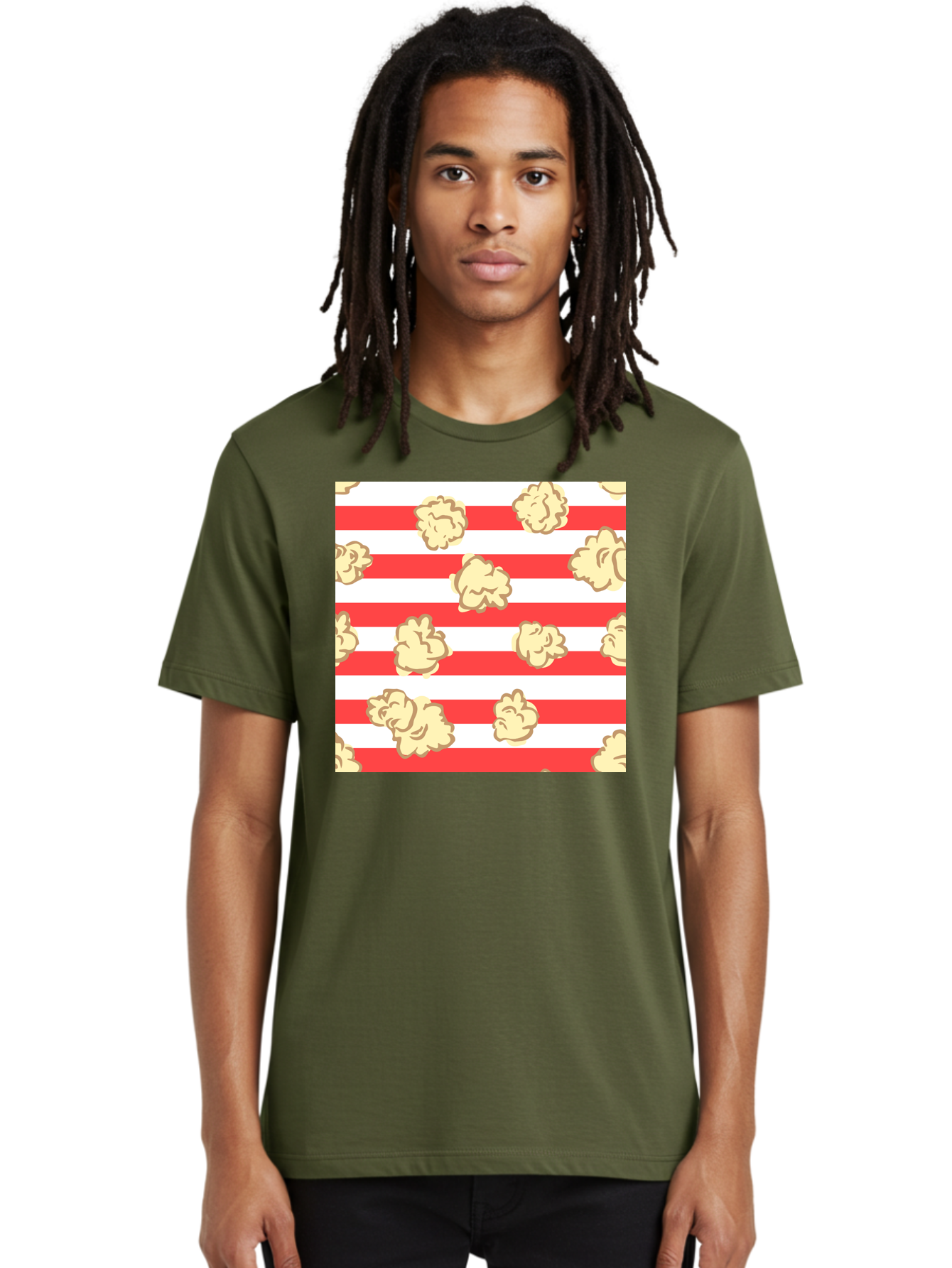 Popcorn-Stripes Men'S Graphic Tee, 100% Cotton, Comfortable Casual Summer Wear, Machine Washable, Popcorn, Red And White Stripes, Movie Snack, Cinematic Treats, Yellow Popcorn, Striped Background, Popcorn Illustration, Snack Time, Film Night, Aac416