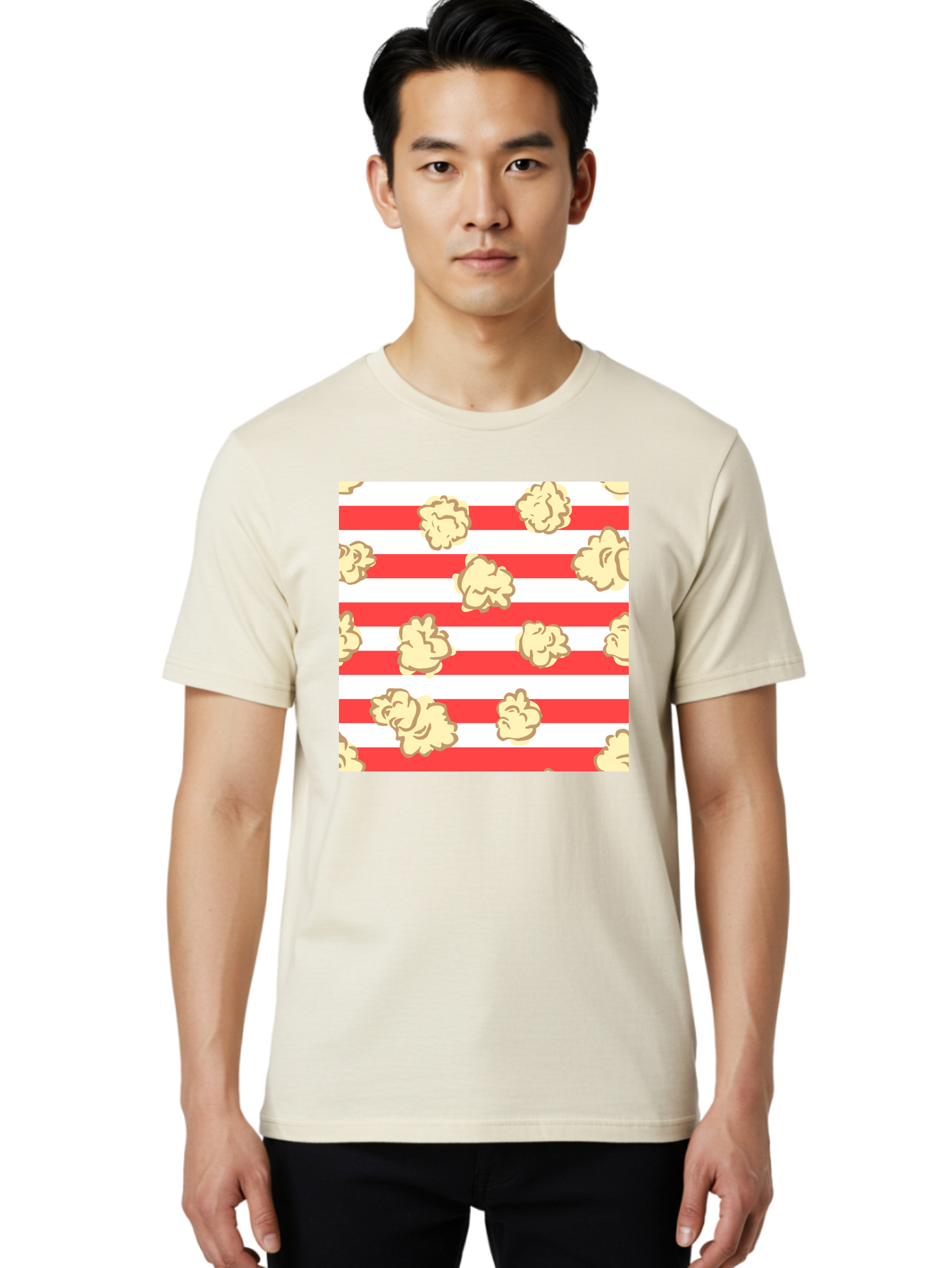Popcorn-Stripes Men'S Graphic Tee, 100% Cotton, Comfortable Casual Summer Wear, Machine Washable, Popcorn, Red And White Stripes, Movie Snack, Cinematic Treats, Yellow Popcorn, Striped Background, Popcorn Illustration, Snack Time, Film Night, Aac416