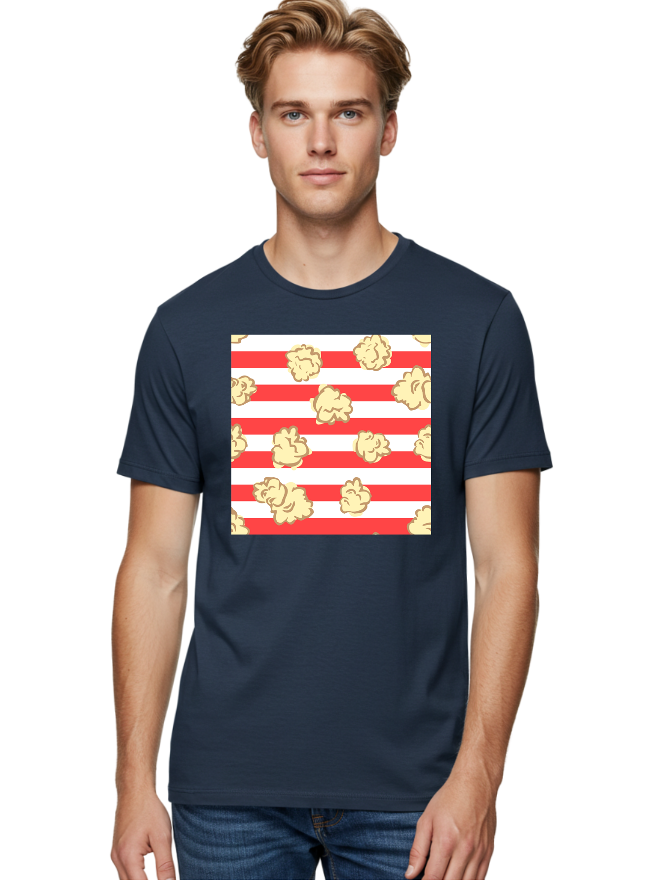 Popcorn-Stripes Men'S Graphic Tee, 100% Cotton, Comfortable Casual Summer Wear, Machine Washable, Popcorn, Red And White Stripes, Movie Snack, Cinematic Treats, Yellow Popcorn, Striped Background, Popcorn Illustration, Snack Time, Film Night, Aac416
