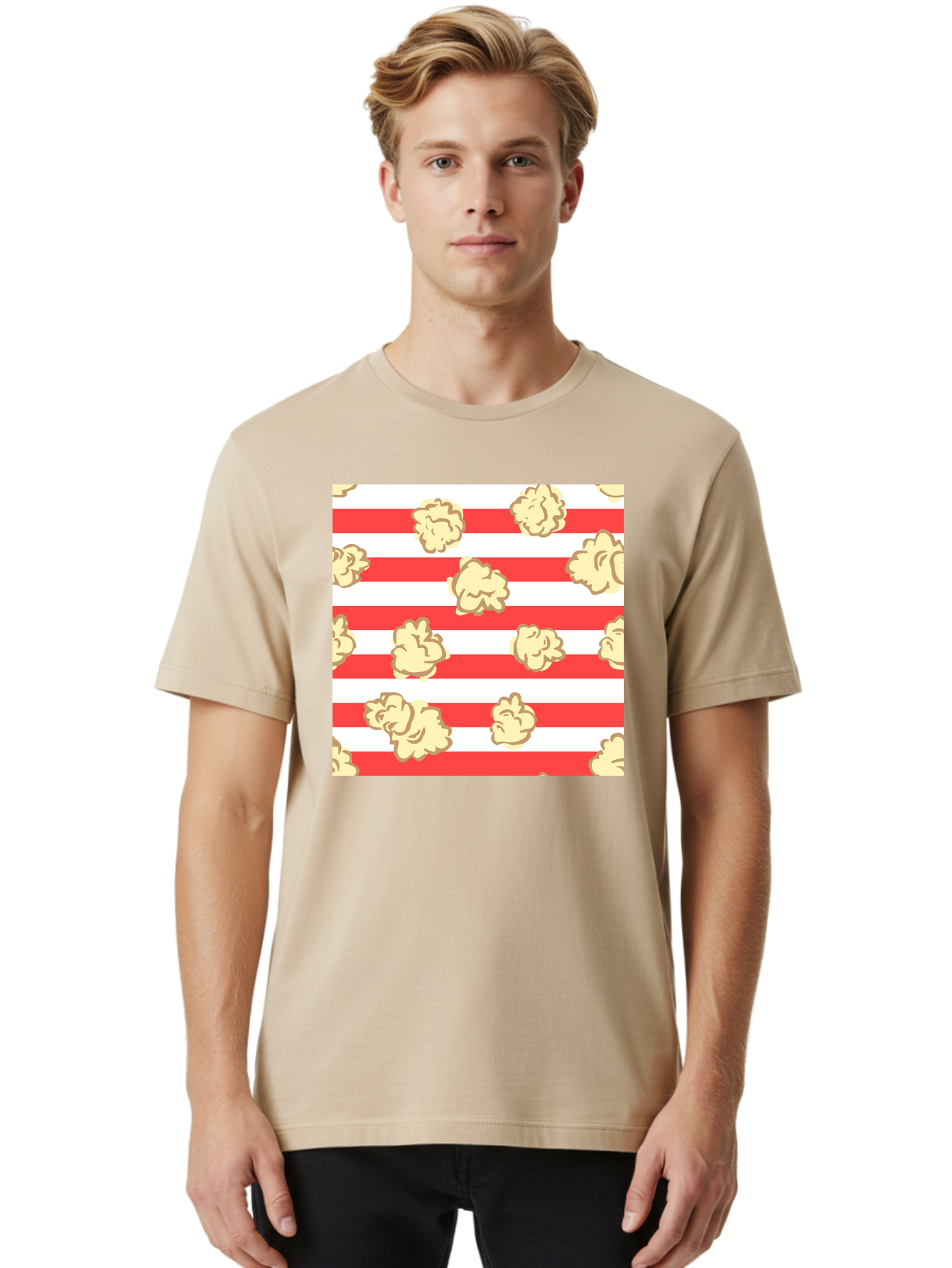 Popcorn-Stripes Men'S Graphic Tee, 100% Cotton, Comfortable Casual Summer Wear, Machine Washable, Popcorn, Red And White Stripes, Movie Snack, Cinematic Treats, Yellow Popcorn, Striped Background, Popcorn Illustration, Snack Time, Film Night, Aac416
