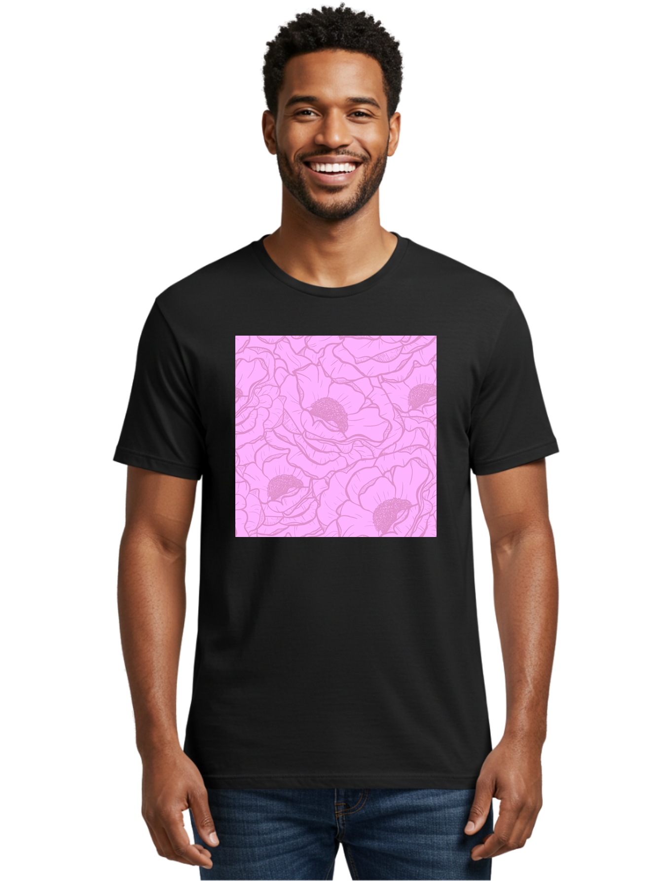 Poppies Men'S Graphic Tee, 100% Cotton, Comfortable Casual Summer Wear, Machine Washable, Pink Flowers, Floral Pattern, Delicate Petals, Intricate Details, Soft Pink Hue, Feminine Design, Bohemian Style, Wallpaper, Pastel Colors, Aac417
