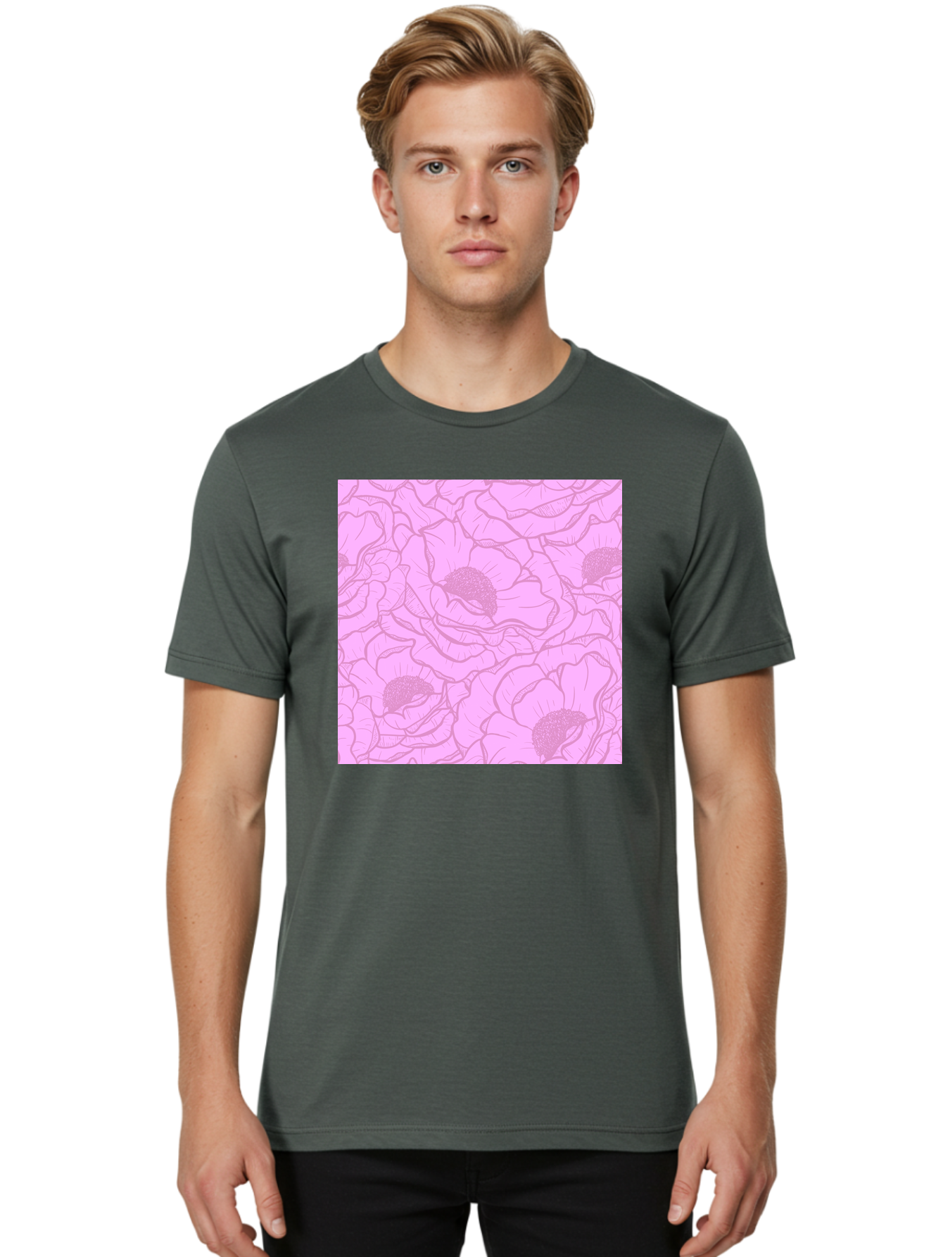 Poppies Men'S Graphic Tee, 100% Cotton, Comfortable Casual Summer Wear, Machine Washable, Pink Flowers, Floral Pattern, Delicate Petals, Intricate Details, Soft Pink Hue, Feminine Design, Bohemian Style, Wallpaper, Pastel Colors, Aac417