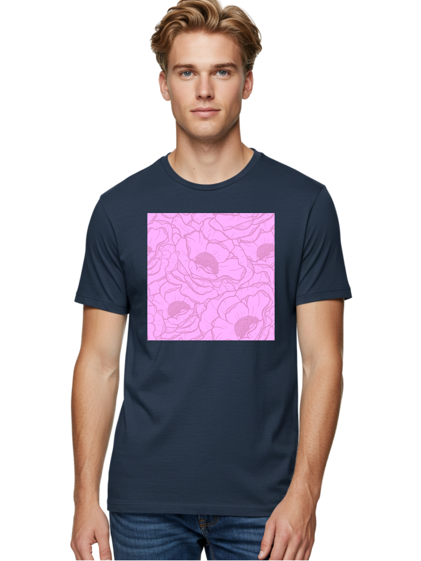 Poppies Men'S Graphic Tee, 100% Cotton, Comfortable Casual Summer Wear, Machine Washable, Pink Flowers, Floral Pattern, Delicate Petals, Intricate Details, Soft Pink Hue, Feminine Design, Bohemian Style, Wallpaper, Pastel Colors, Aac417