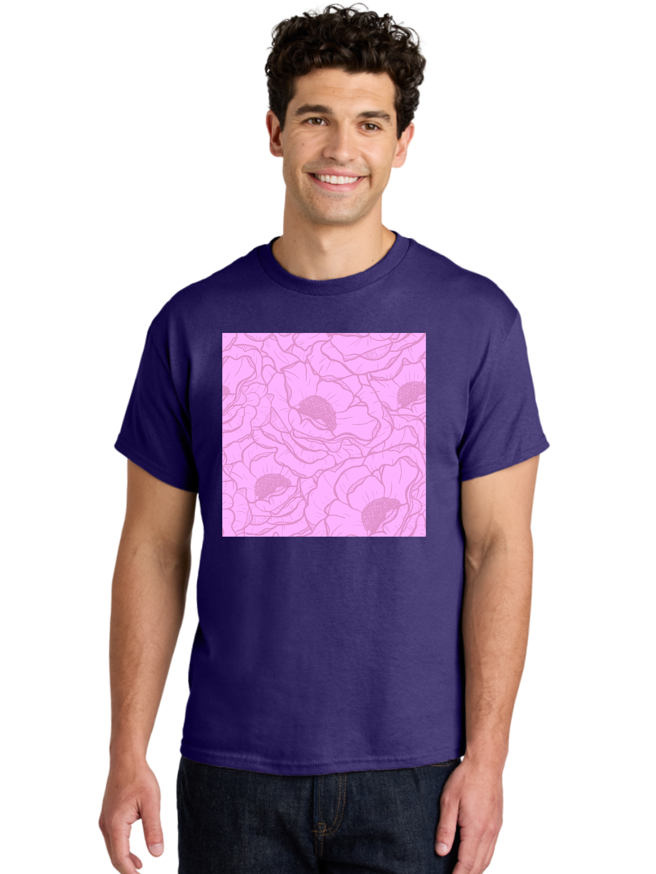Poppies Men'S Graphic Tee, 100% Cotton, Comfortable Casual Summer Wear, Machine Washable, Pink Flowers, Floral Pattern, Delicate Petals, Intricate Details, Soft Pink Hue, Feminine Design, Bohemian Style, Wallpaper, Pastel Colors, Aac417