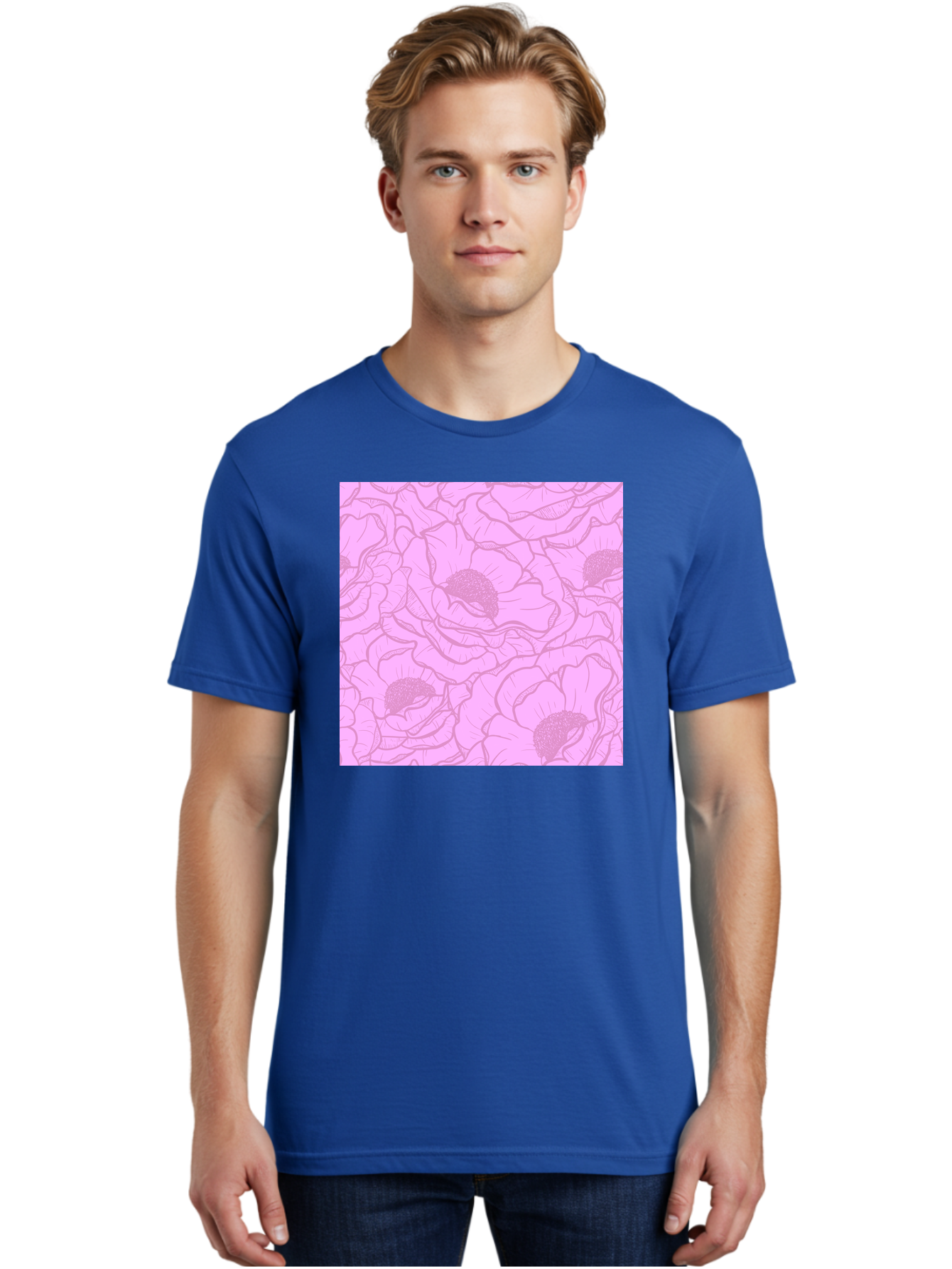 Poppies Men'S Graphic Tee, 100% Cotton, Comfortable Casual Summer Wear, Machine Washable, Pink Flowers, Floral Pattern, Delicate Petals, Intricate Details, Soft Pink Hue, Feminine Design, Bohemian Style, Wallpaper, Pastel Colors, Aac417
