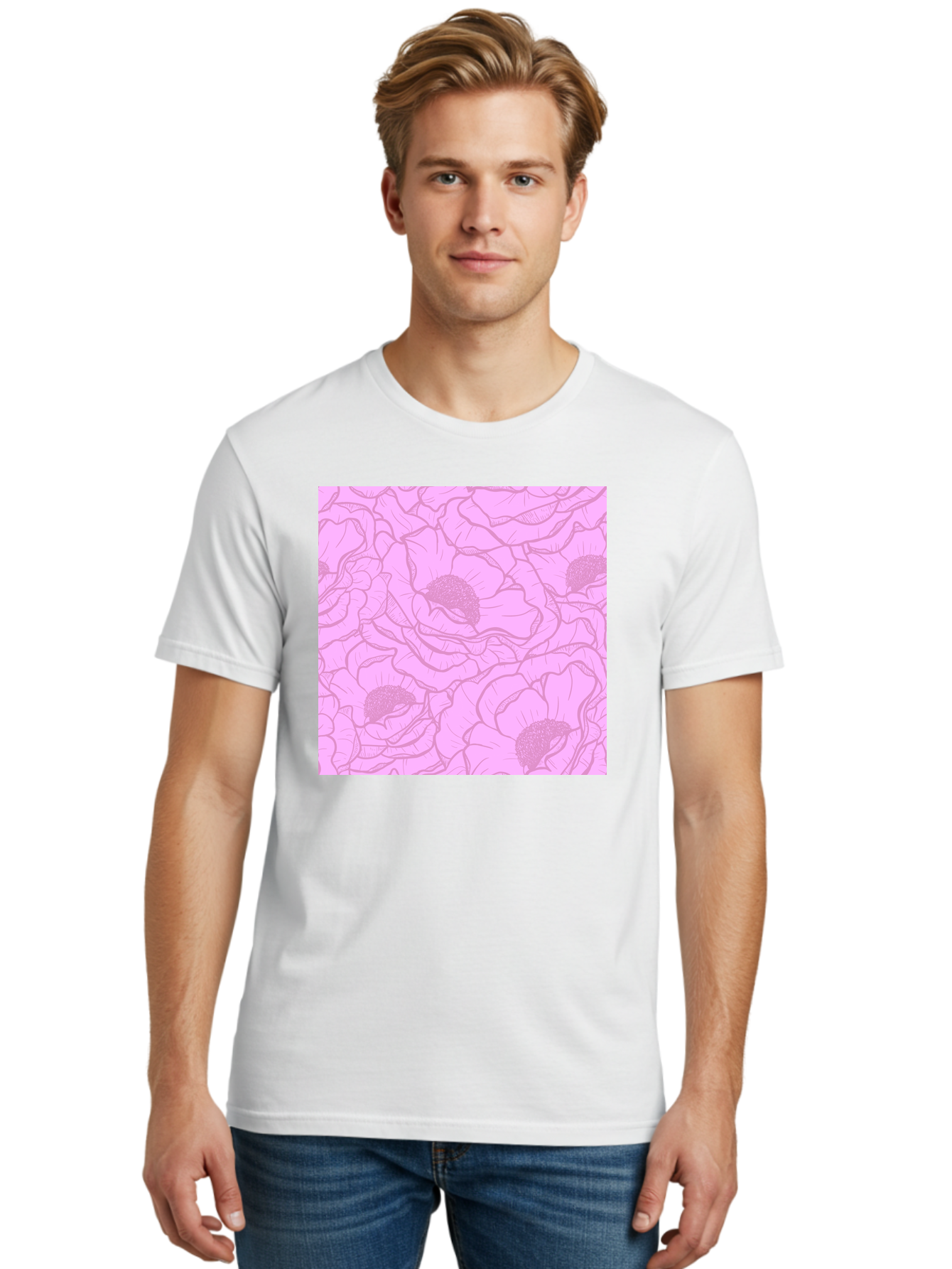 Poppies Men'S Graphic Tee, 100% Cotton, Comfortable Casual Summer Wear, Machine Washable, Pink Flowers, Floral Pattern, Delicate Petals, Intricate Details, Soft Pink Hue, Feminine Design, Bohemian Style, Wallpaper, Pastel Colors, Aac417