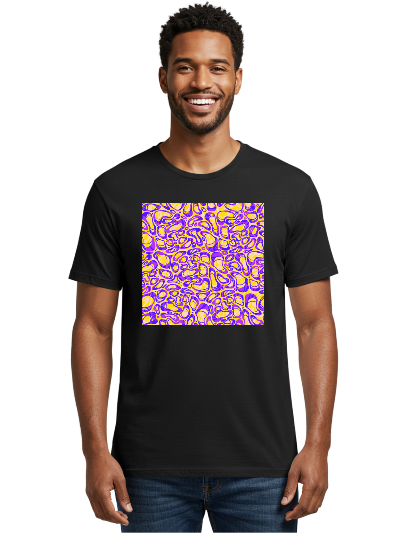 Purple-And-Yellow-Swirl Men'S Graphic Tee, 100% Cotton, Comfortable Casual Summer Wear, Machine Washable, Amethyst And Lemon Swirly Pattern, Abstract Design, Vibrant Purple, Yellow Shapes, Organic Texture, Mesmerizing Visual Effect, Aac418