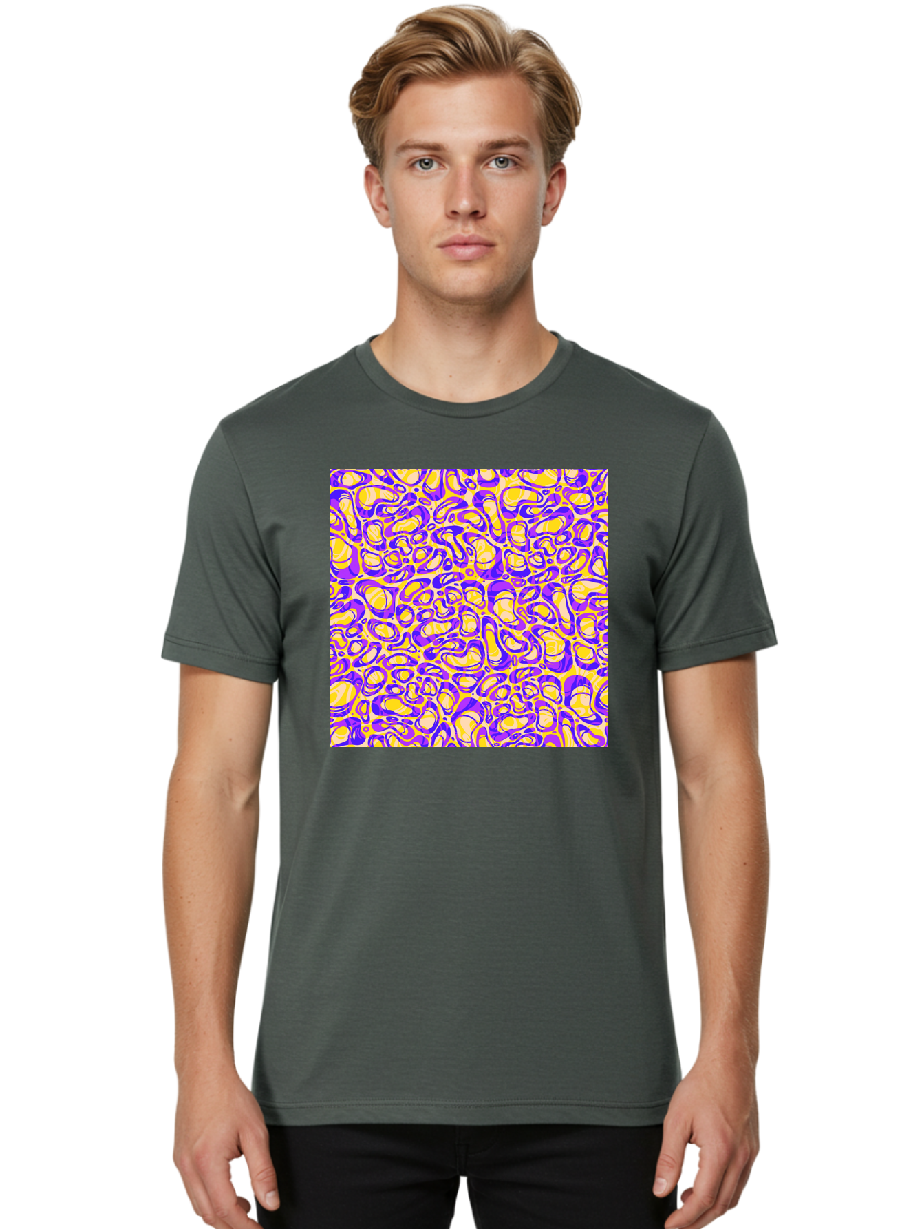 Purple-And-Yellow-Swirl Men'S Graphic Tee, 100% Cotton, Comfortable Casual Summer Wear, Machine Washable, Amethyst And Lemon Swirly Pattern, Abstract Design, Vibrant Purple, Yellow Shapes, Organic Texture, Mesmerizing Visual Effect, Aac418