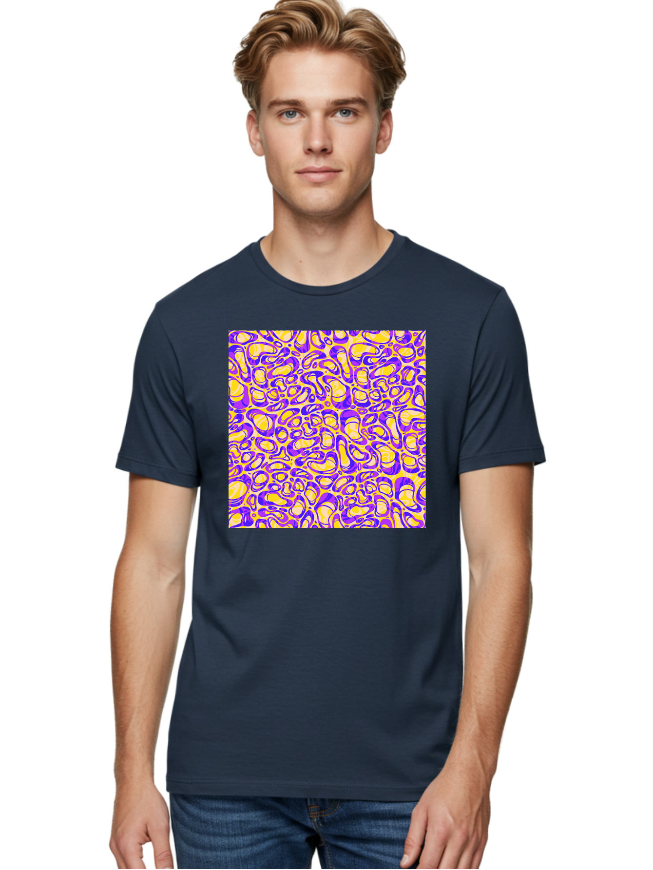 Purple-And-Yellow-Swirl Men'S Graphic Tee, 100% Cotton, Comfortable Casual Summer Wear, Machine Washable, Amethyst And Lemon Swirly Pattern, Abstract Design, Vibrant Purple, Yellow Shapes, Organic Texture, Mesmerizing Visual Effect, Aac418
