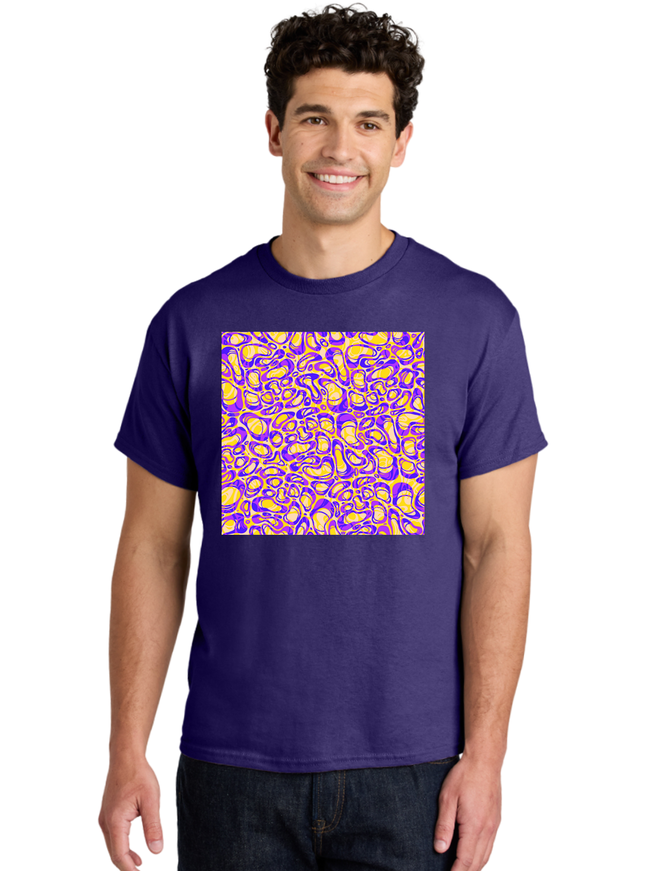 Purple-And-Yellow-Swirl Men'S Graphic Tee, 100% Cotton, Comfortable Casual Summer Wear, Machine Washable, Amethyst And Lemon Swirly Pattern, Abstract Design, Vibrant Purple, Yellow Shapes, Organic Texture, Mesmerizing Visual Effect, Aac418