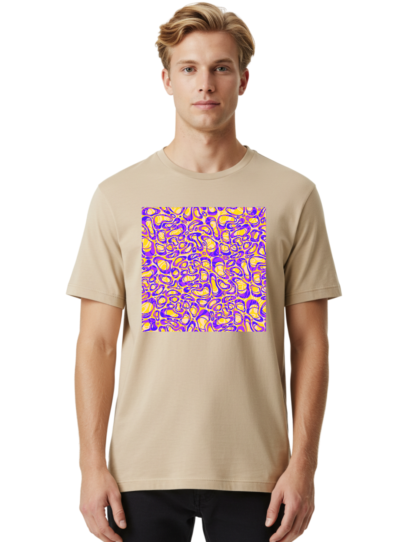 Purple-And-Yellow-Swirl Men'S Graphic Tee, 100% Cotton, Comfortable Casual Summer Wear, Machine Washable, Amethyst And Lemon Swirly Pattern, Abstract Design, Vibrant Purple, Yellow Shapes, Organic Texture, Mesmerizing Visual Effect, Aac418