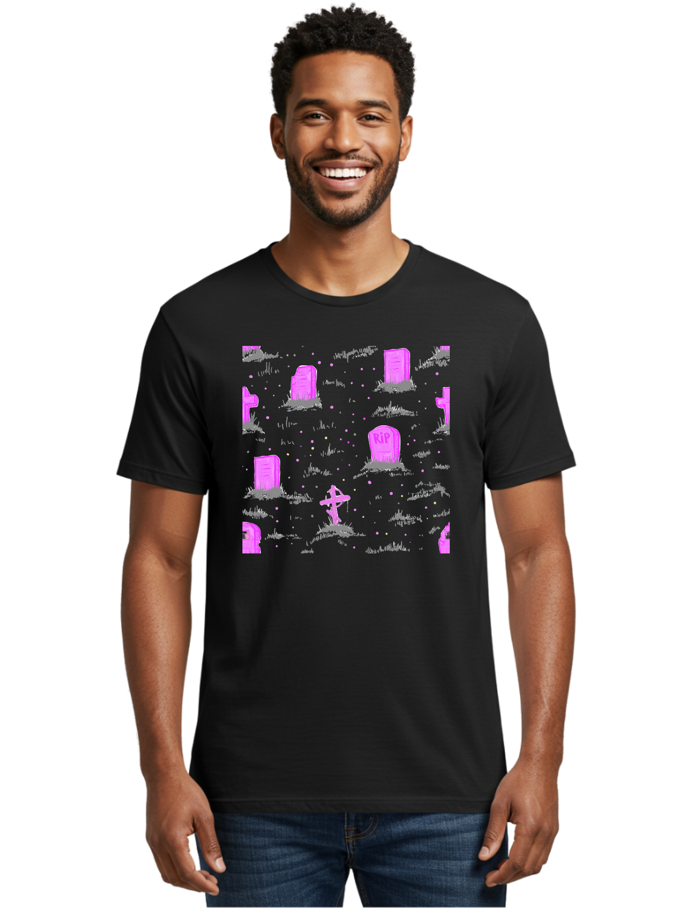 Rip-Graveyard Men'S Graphic Tee, 100% Cotton, Comfortable Casual Summer Wear, Machine Washable, Graveyard Scene, Pink Tombstones, Rip Inscription, Graveyard Crosses, Kawaii Style, Halloween Theme, Cartoonish Illustration, Pastel Colors, Aac419