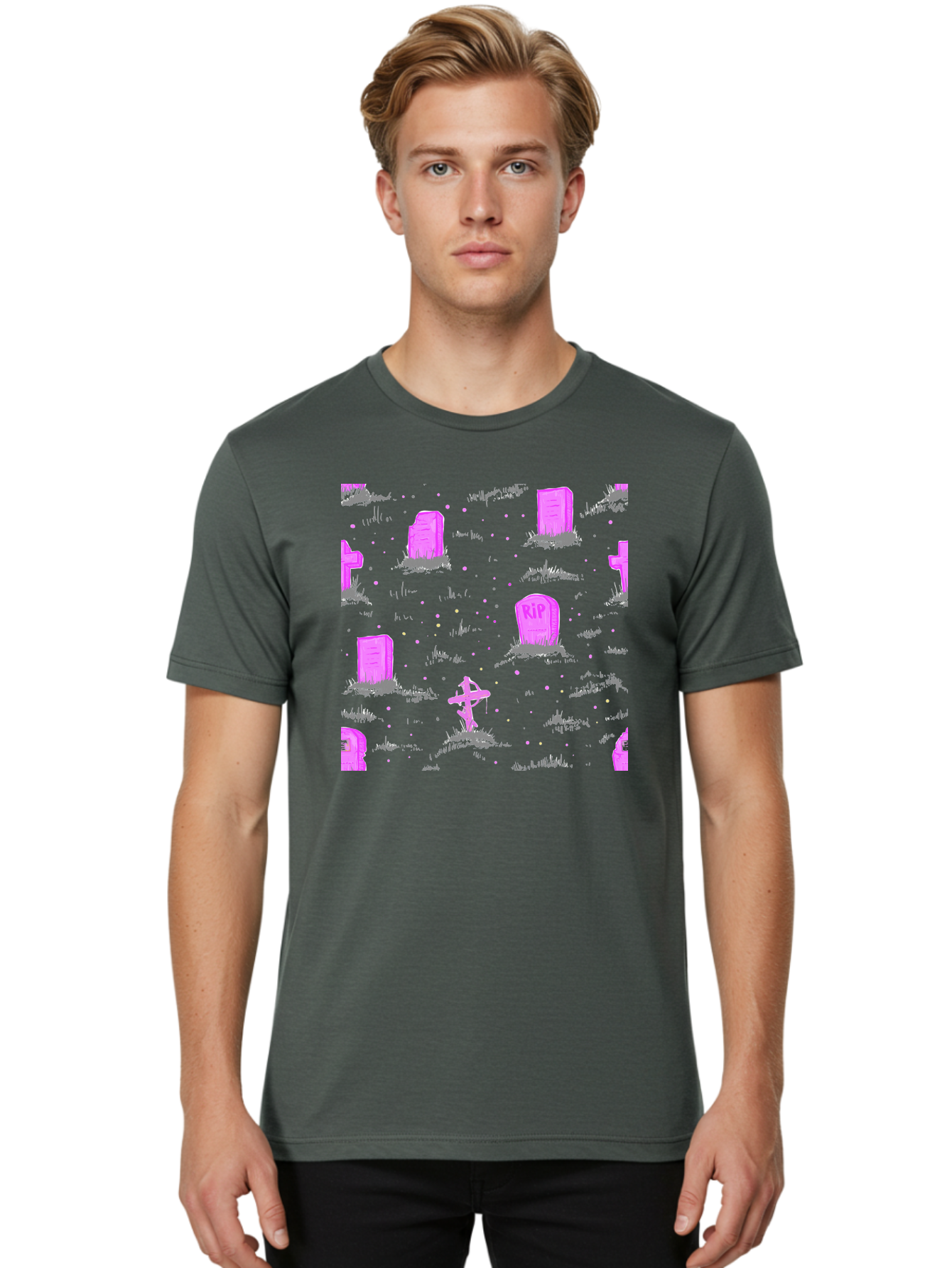 Rip-Graveyard Men'S Graphic Tee, 100% Cotton, Comfortable Casual Summer Wear, Machine Washable, Graveyard Scene, Pink Tombstones, Rip Inscription, Graveyard Crosses, Kawaii Style, Halloween Theme, Cartoonish Illustration, Pastel Colors, Aac419