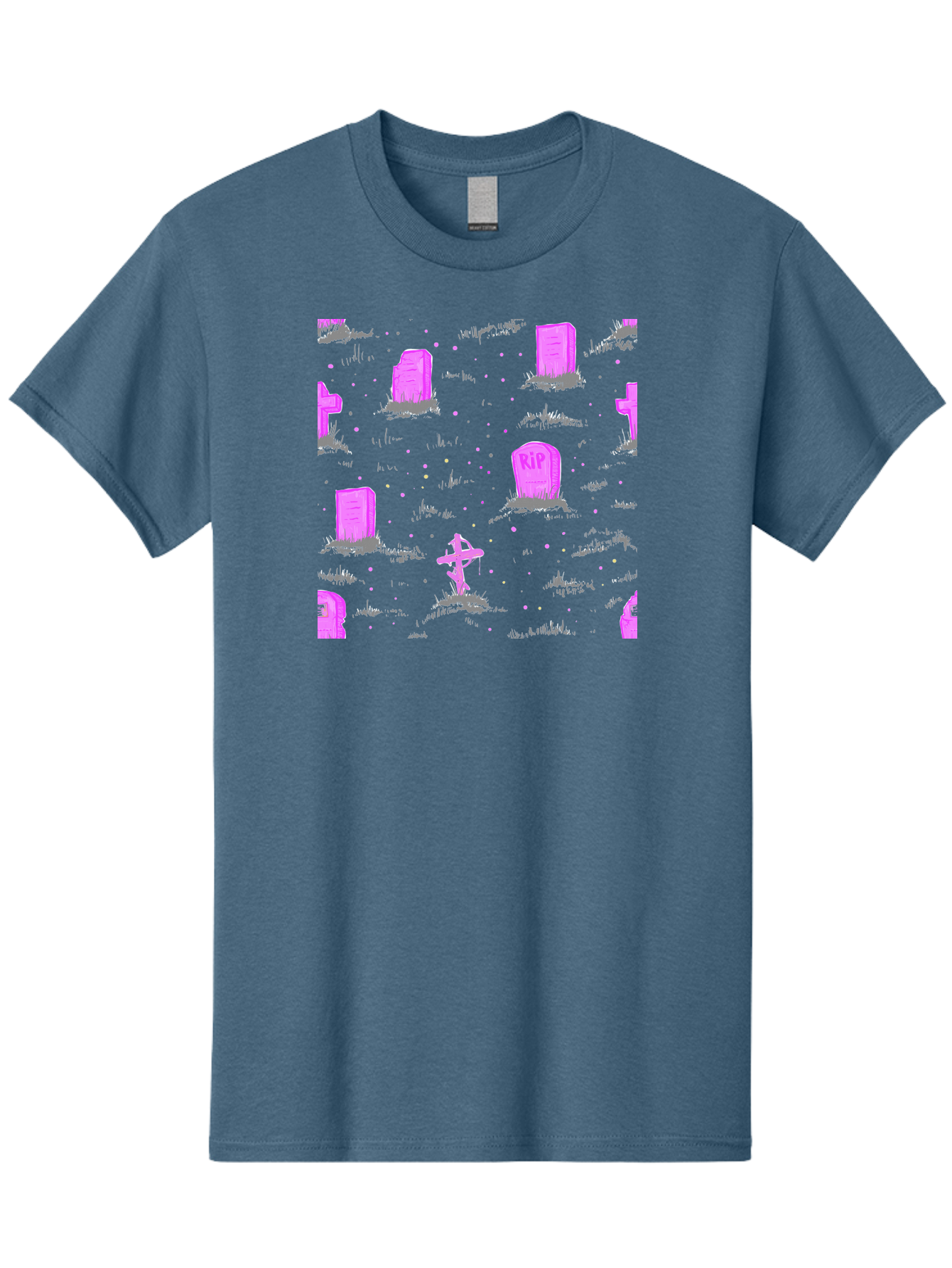 Rip-Graveyard Men'S Graphic Tee, 100% Cotton, Comfortable Casual Summer Wear, Machine Washable, Graveyard Scene, Pink Tombstones, Rip Inscription, Graveyard Crosses, Kawaii Style, Halloween Theme, Cartoonish Illustration, Pastel Colors, Aac419