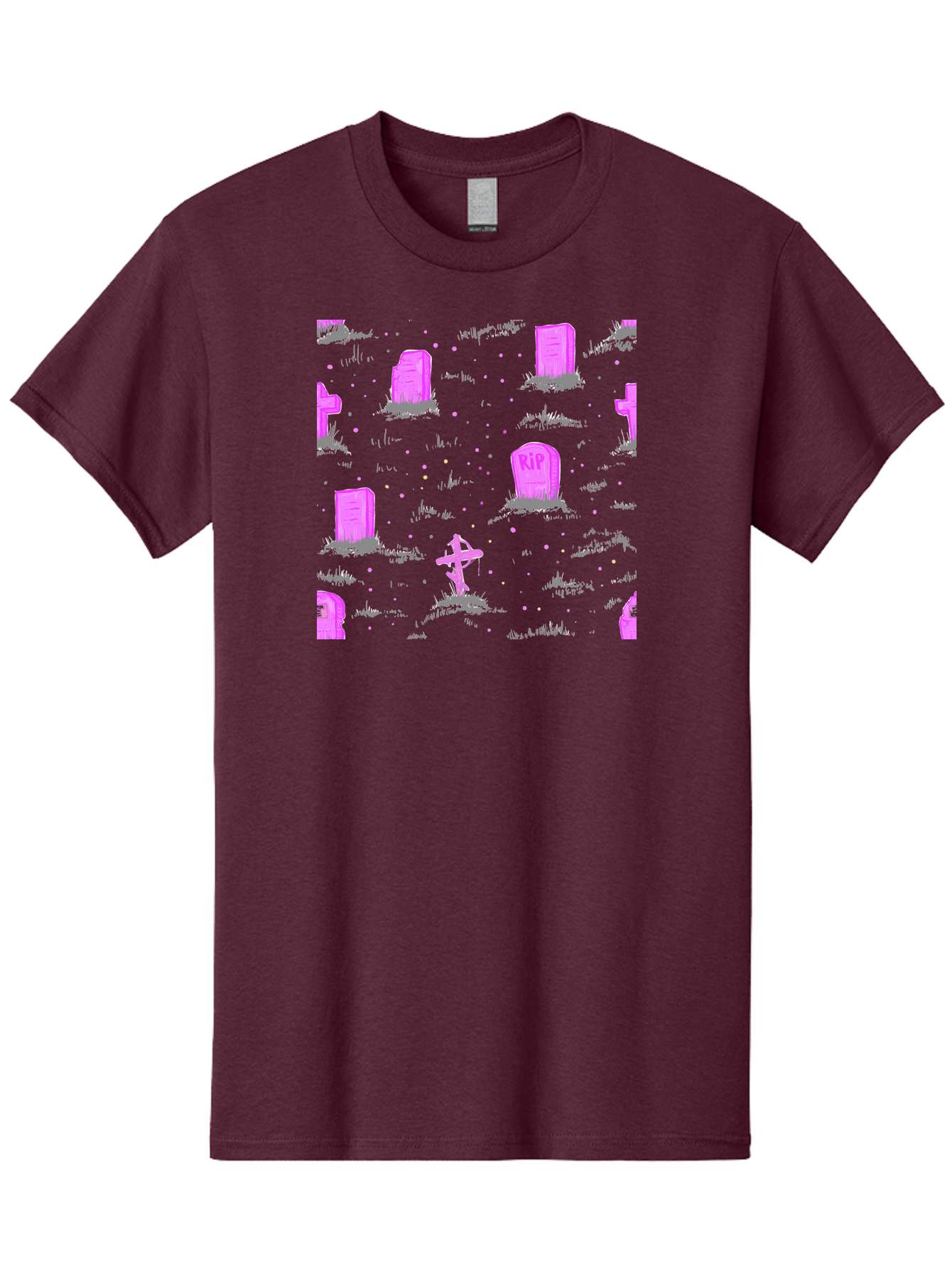 Rip-Graveyard Men'S Graphic Tee, 100% Cotton, Comfortable Casual Summer Wear, Machine Washable, Graveyard Scene, Pink Tombstones, Rip Inscription, Graveyard Crosses, Kawaii Style, Halloween Theme, Cartoonish Illustration, Pastel Colors, Aac419