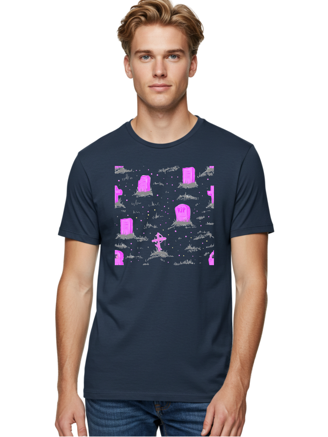 Rip-Graveyard Men'S Graphic Tee, 100% Cotton, Comfortable Casual Summer Wear, Machine Washable, Graveyard Scene, Pink Tombstones, Rip Inscription, Graveyard Crosses, Kawaii Style, Halloween Theme, Cartoonish Illustration, Pastel Colors, Aac419