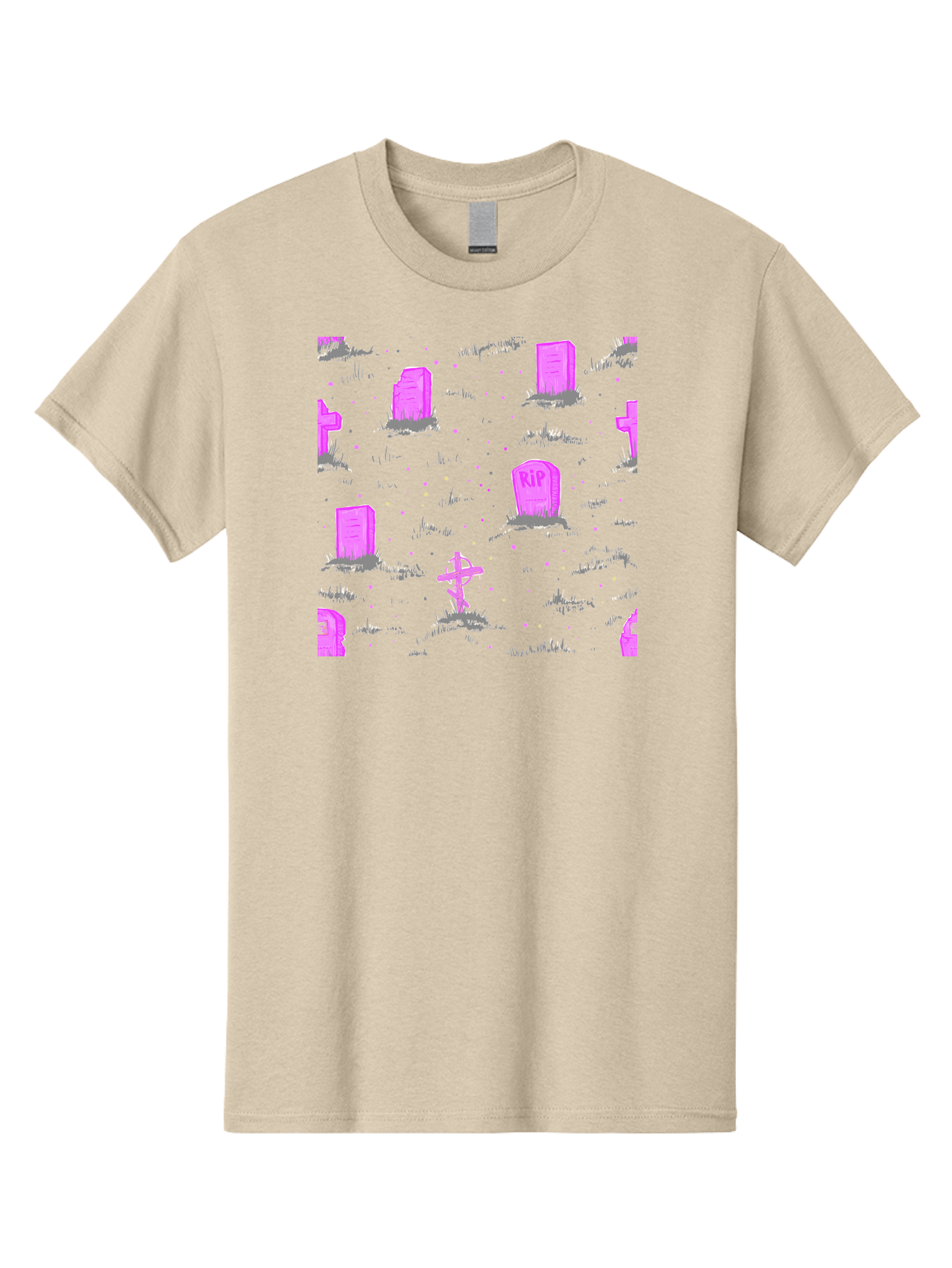 Rip-Graveyard Men'S Graphic Tee, 100% Cotton, Comfortable Casual Summer Wear, Machine Washable, Graveyard Scene, Pink Tombstones, Rip Inscription, Graveyard Crosses, Kawaii Style, Halloween Theme, Cartoonish Illustration, Pastel Colors, Aac419