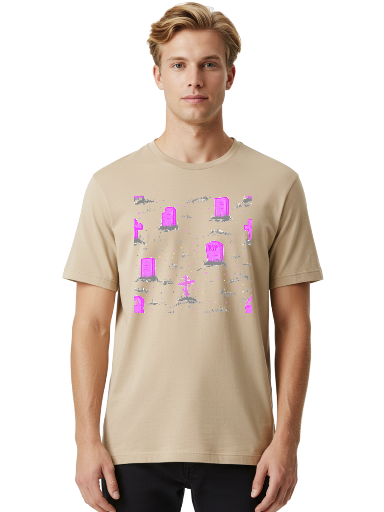 Rip-Graveyard Men'S Graphic Tee, 100% Cotton, Comfortable Casual Summer Wear, Machine Washable, Graveyard Scene, Pink Tombstones, Rip Inscription, Graveyard Crosses, Kawaii Style, Halloween Theme, Cartoonish Illustration, Pastel Colors, Aac419