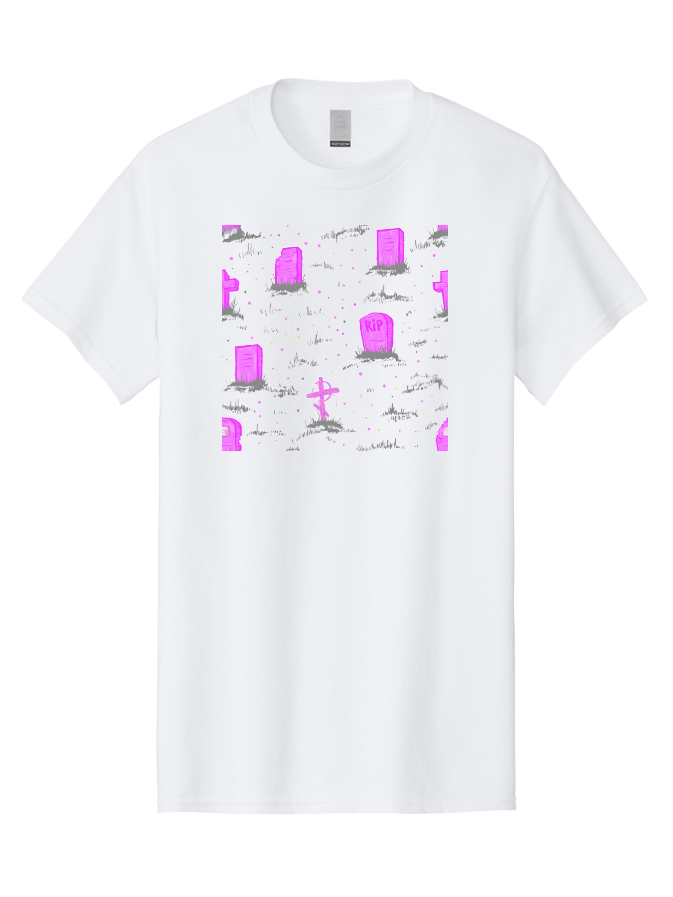 Rip-Graveyard Men'S Graphic Tee, 100% Cotton, Comfortable Casual Summer Wear, Machine Washable, Graveyard Scene, Pink Tombstones, Rip Inscription, Graveyard Crosses, Kawaii Style, Halloween Theme, Cartoonish Illustration, Pastel Colors, Aac419