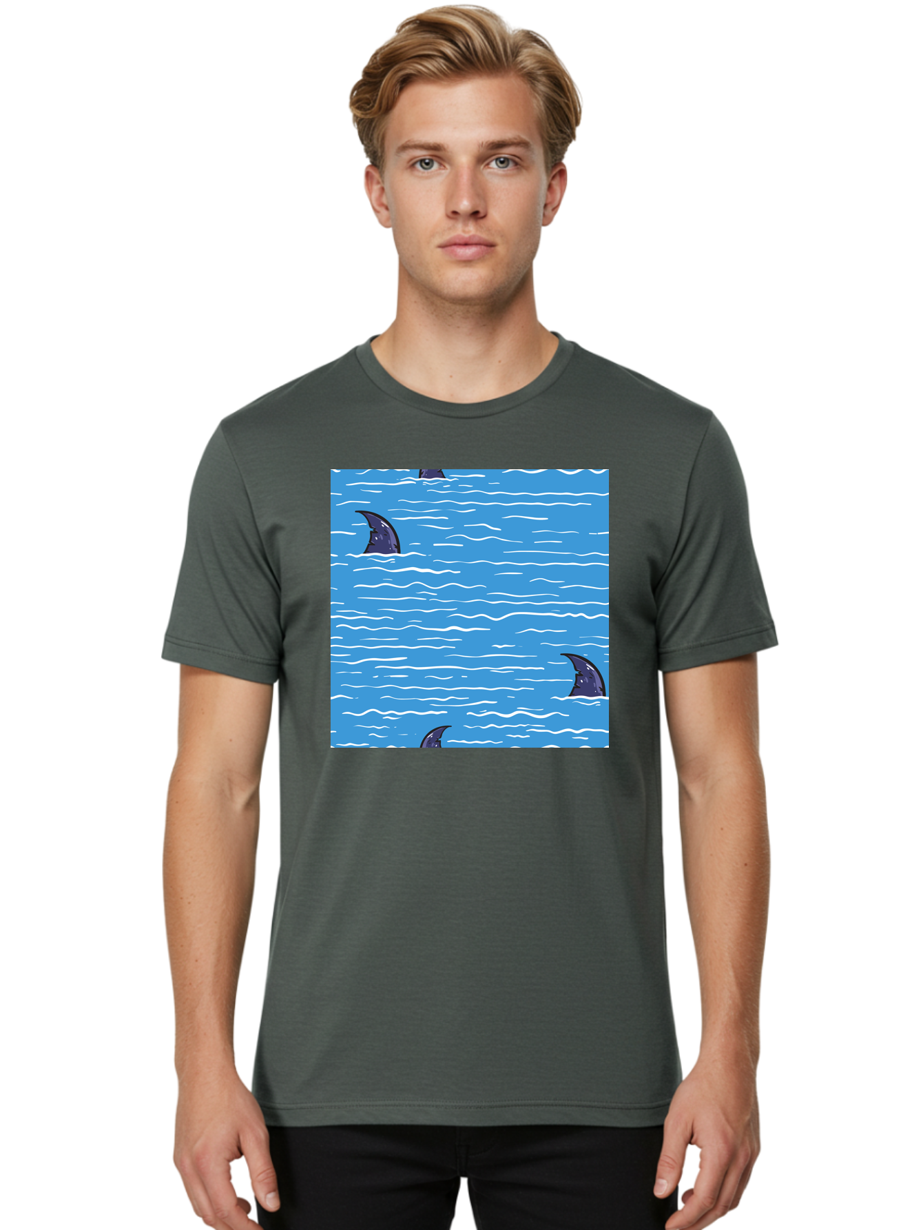 Shark-Fins Men'S Graphic Tee, 100% Cotton, Comfortable Casual Summer Wear, Machine Washable, Shark Fins In Water, Ocean Fins, Shark Attack, Marine Life, Blue Ocean, Wavy Sea, Shark Danger, Aquatic Scene Aac420