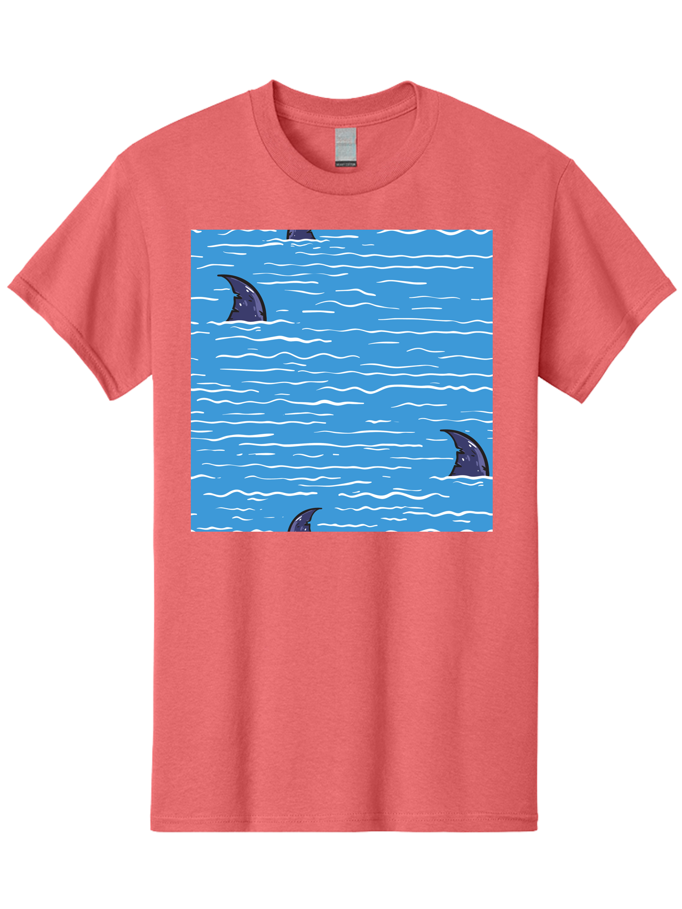 Shark-Fins Men'S Graphic Tee, 100% Cotton, Comfortable Casual Summer Wear, Machine Washable, Shark Fins In Water, Ocean Fins, Shark Attack, Marine Life, Blue Ocean, Wavy Sea, Shark Danger, Aquatic Scene Aac420